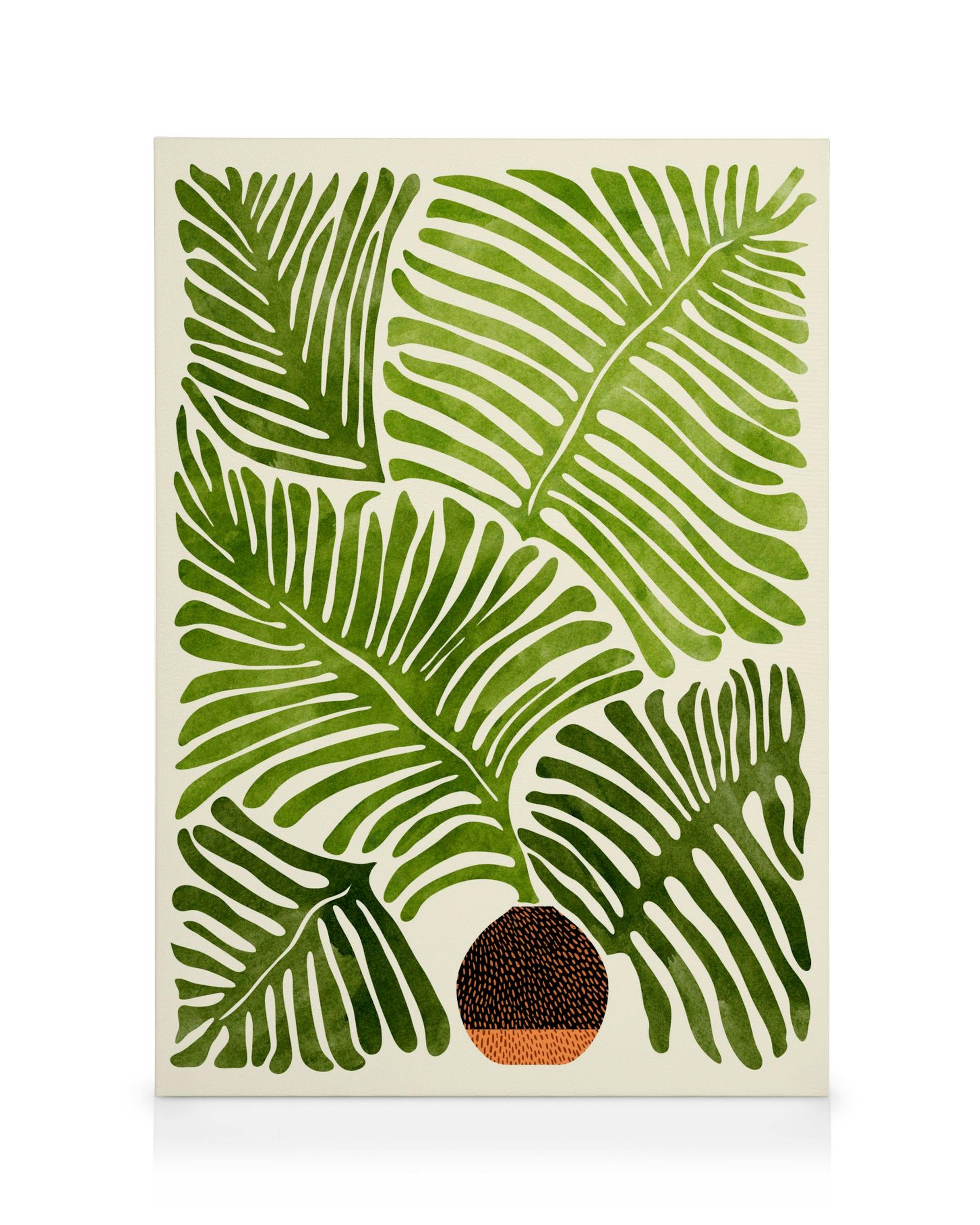 Obraz na płótnie: zielone liście paproci i wzorzysty brązowy okrąg na jasnym tle, tropikalny styl.