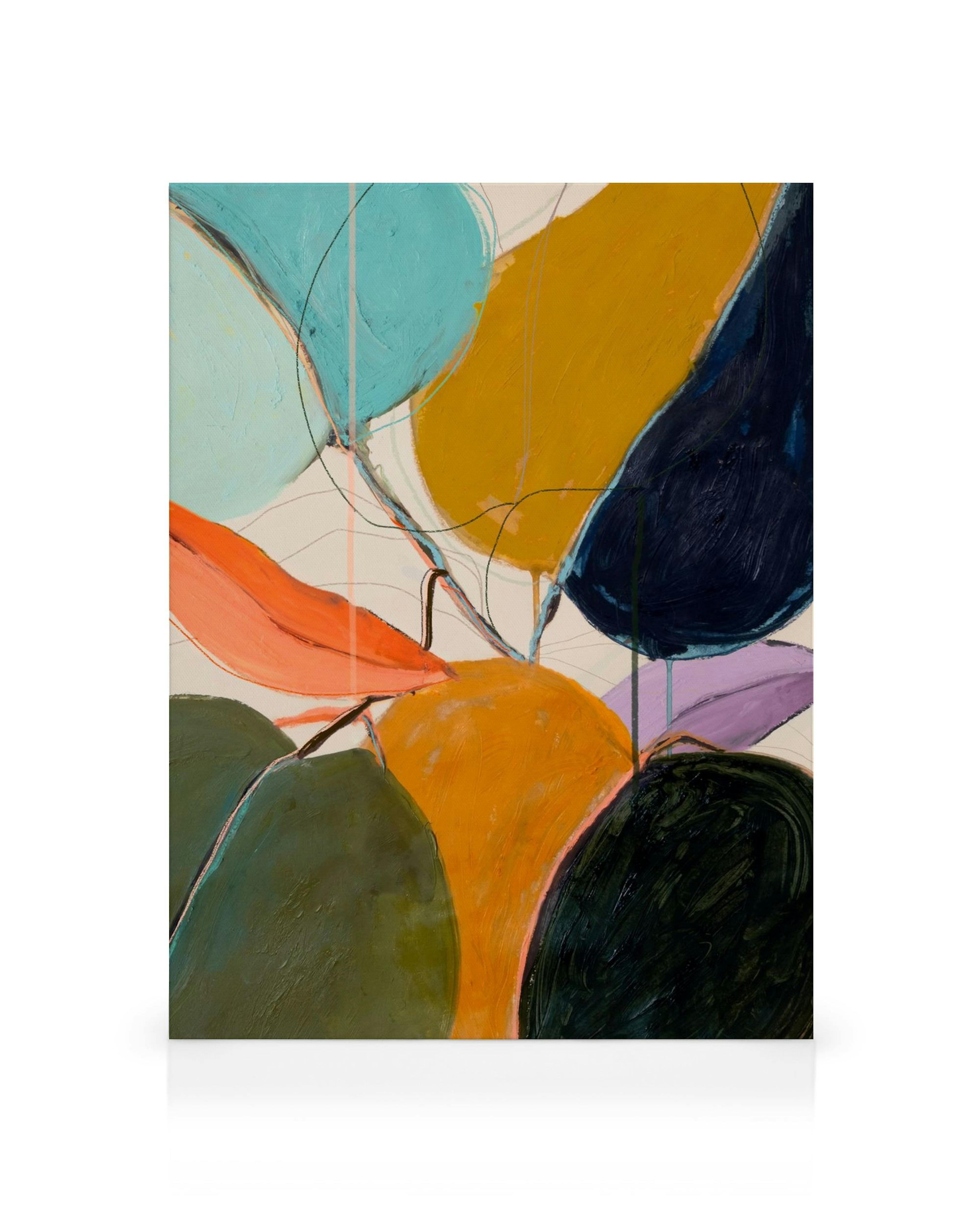 Abstraktný obraz na plátne Leigh Viner Tilia Americana s farebnými listami v odtieňoch modrej, oranžovej a zelenej.