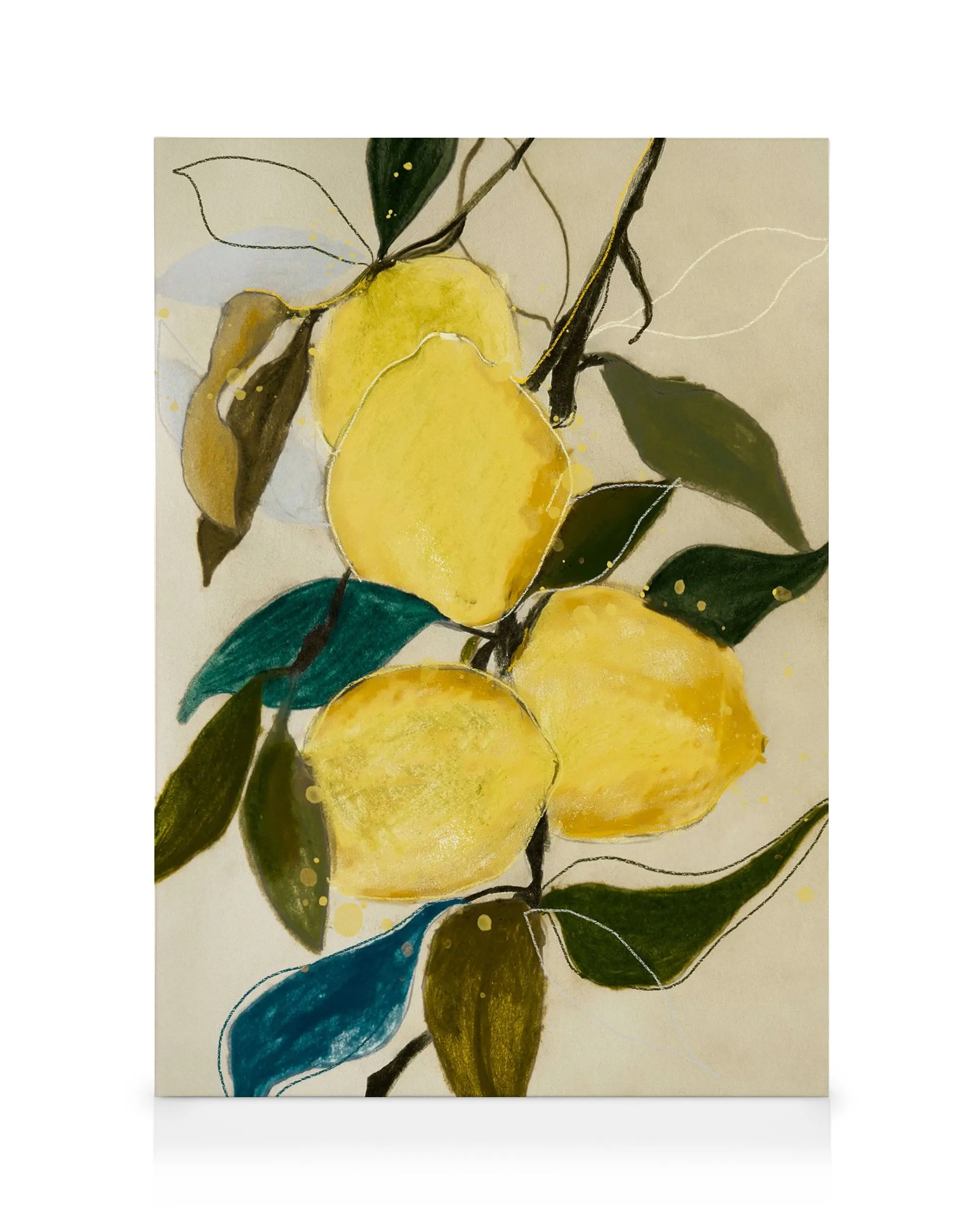 Leinwandbild Lemon Study von Leigh Viner, pastellfarbene Zitronen und Blätter mit Goldakzenten.