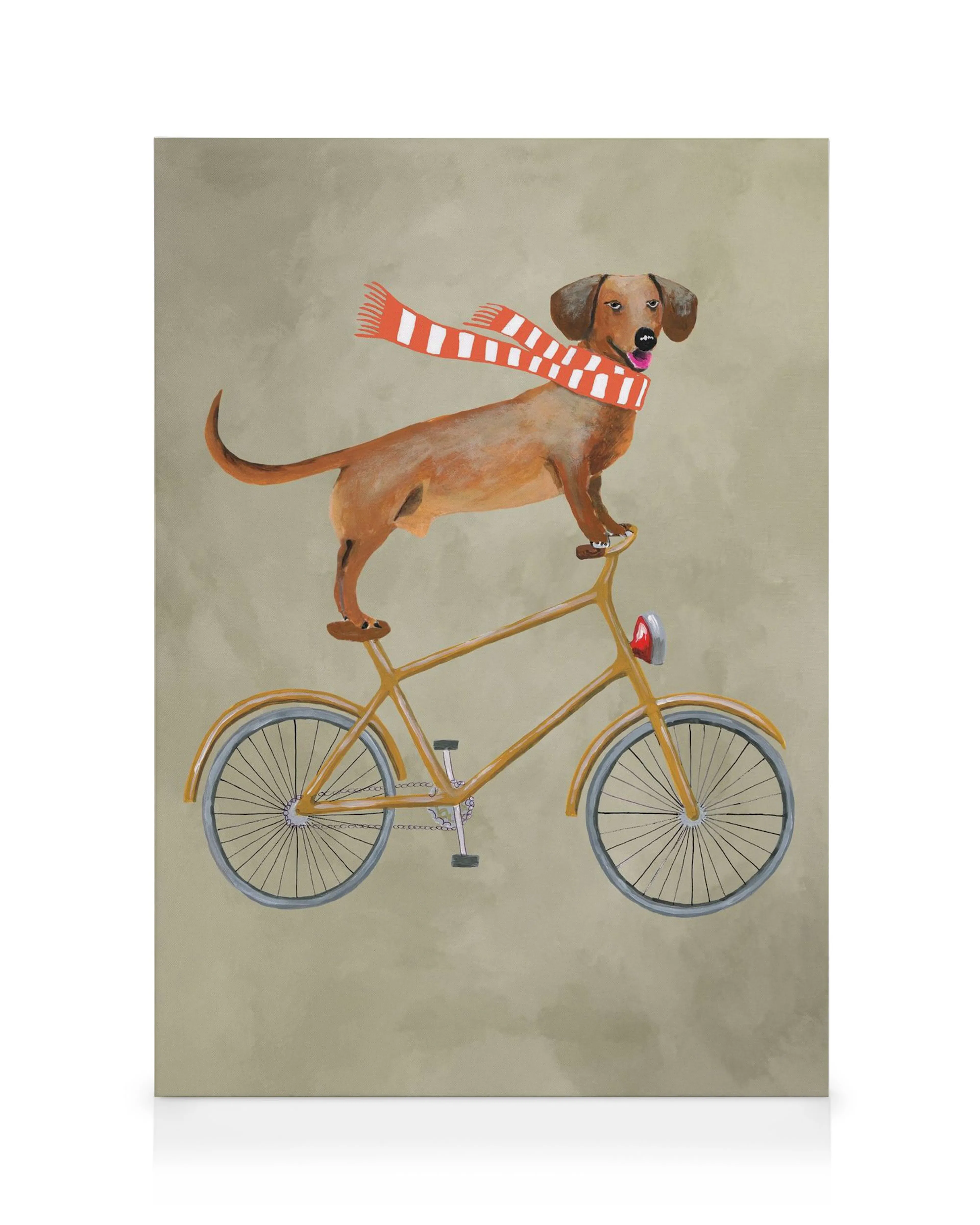 Kunsttrykk av en munter dachshund i rødt og hvitt skjerf som balanserer på en gul sykkel mot lys beige bakgrunn.