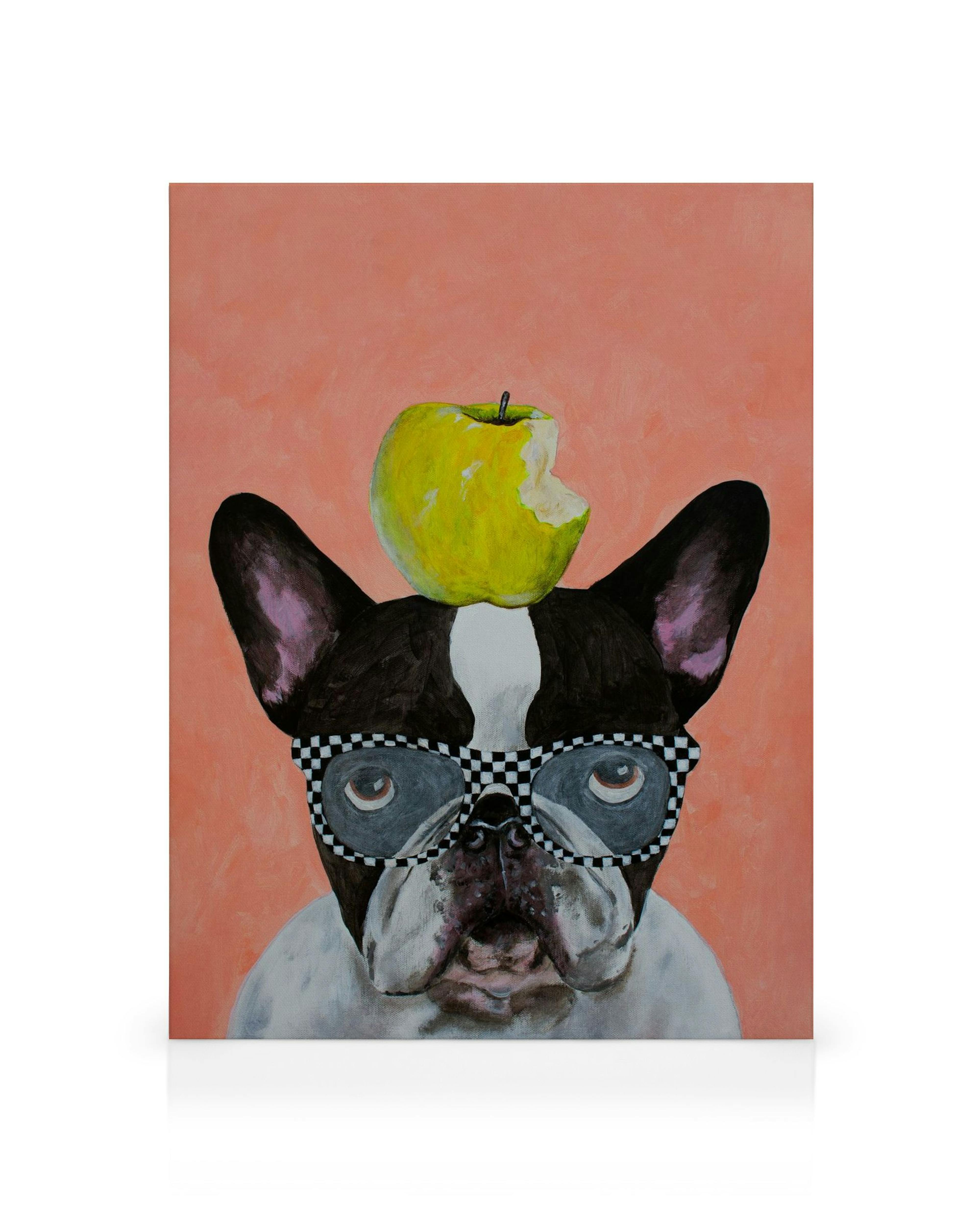 Canvas print van een Franse bulldog met geruite bril en groene appel op zijn hoofd, op een perzikkleurige achtergrond.