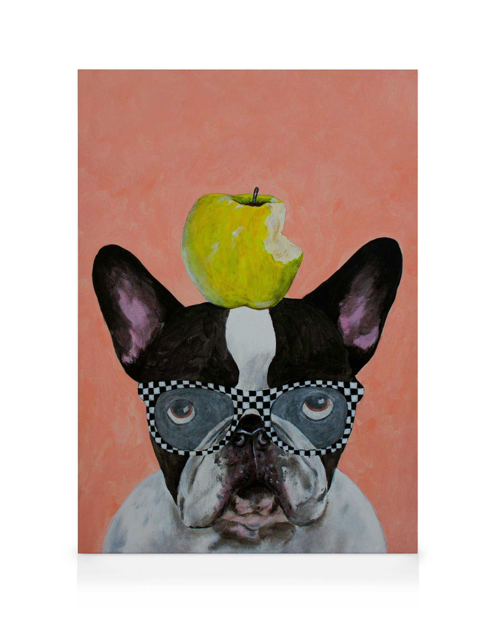 Coco De Paris - French Bulldog with Apple Tableau sur toile (30x40 cm - Cadre de chêne) - Toiles par Desenio