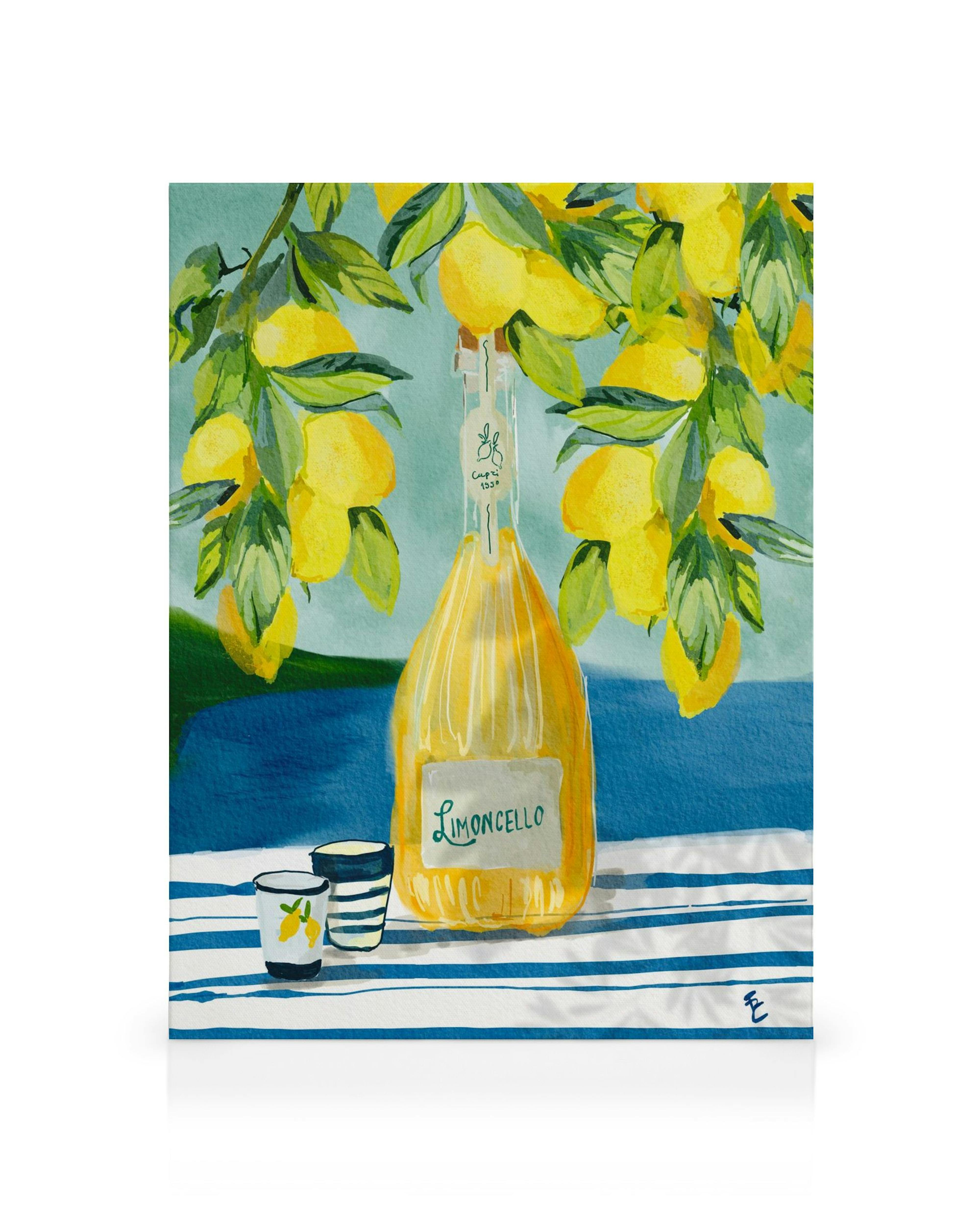 Εικονογράφηση λιμοντσέλο, μπουκάλι με ποτό και κλαδιά λεμονιών, ριγέ τραπεζομάντιλο, ακουαρέλα