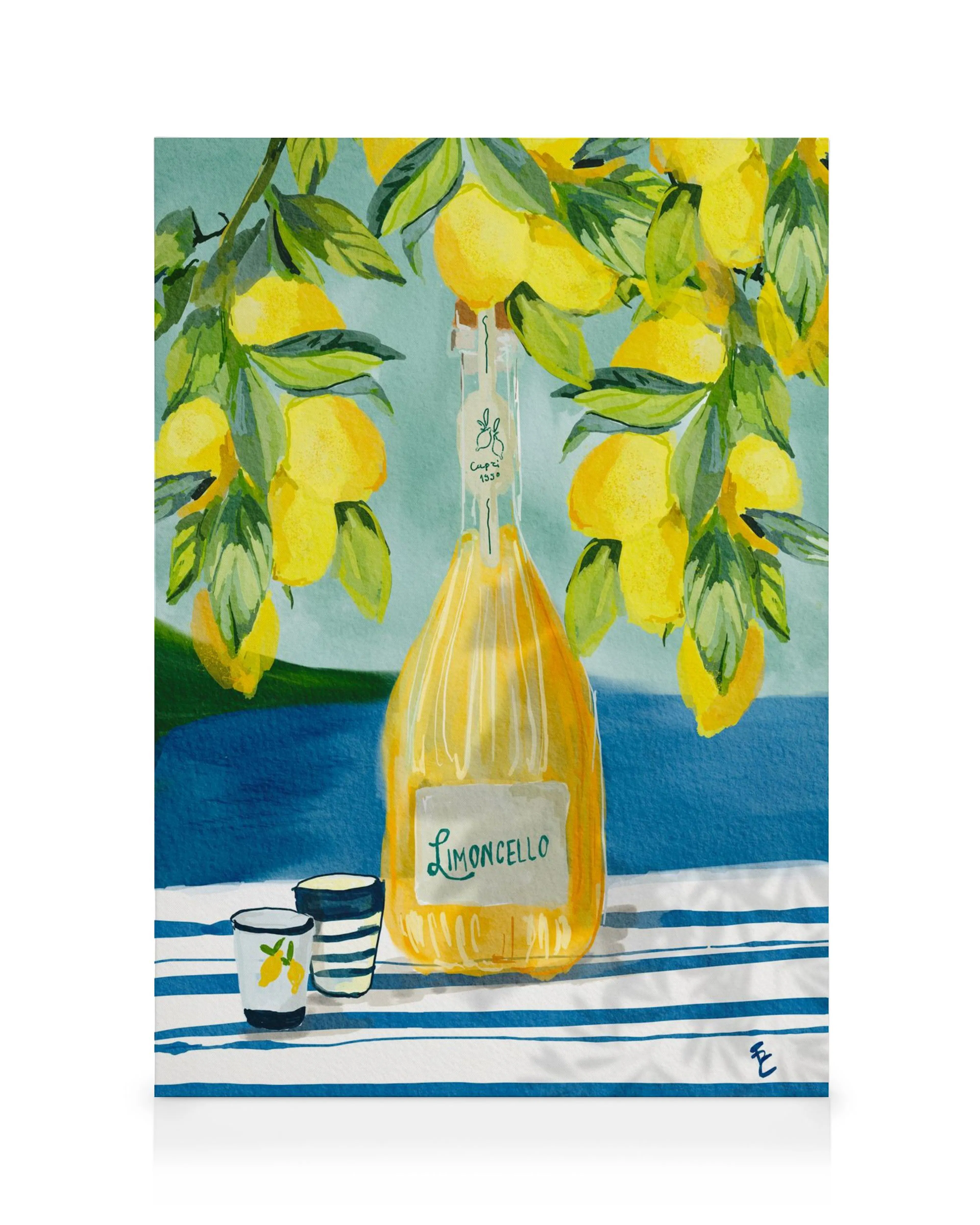 Watercolor painting of a limoncello bottle and two glasses on a striped table, surrounded by lemon branches.