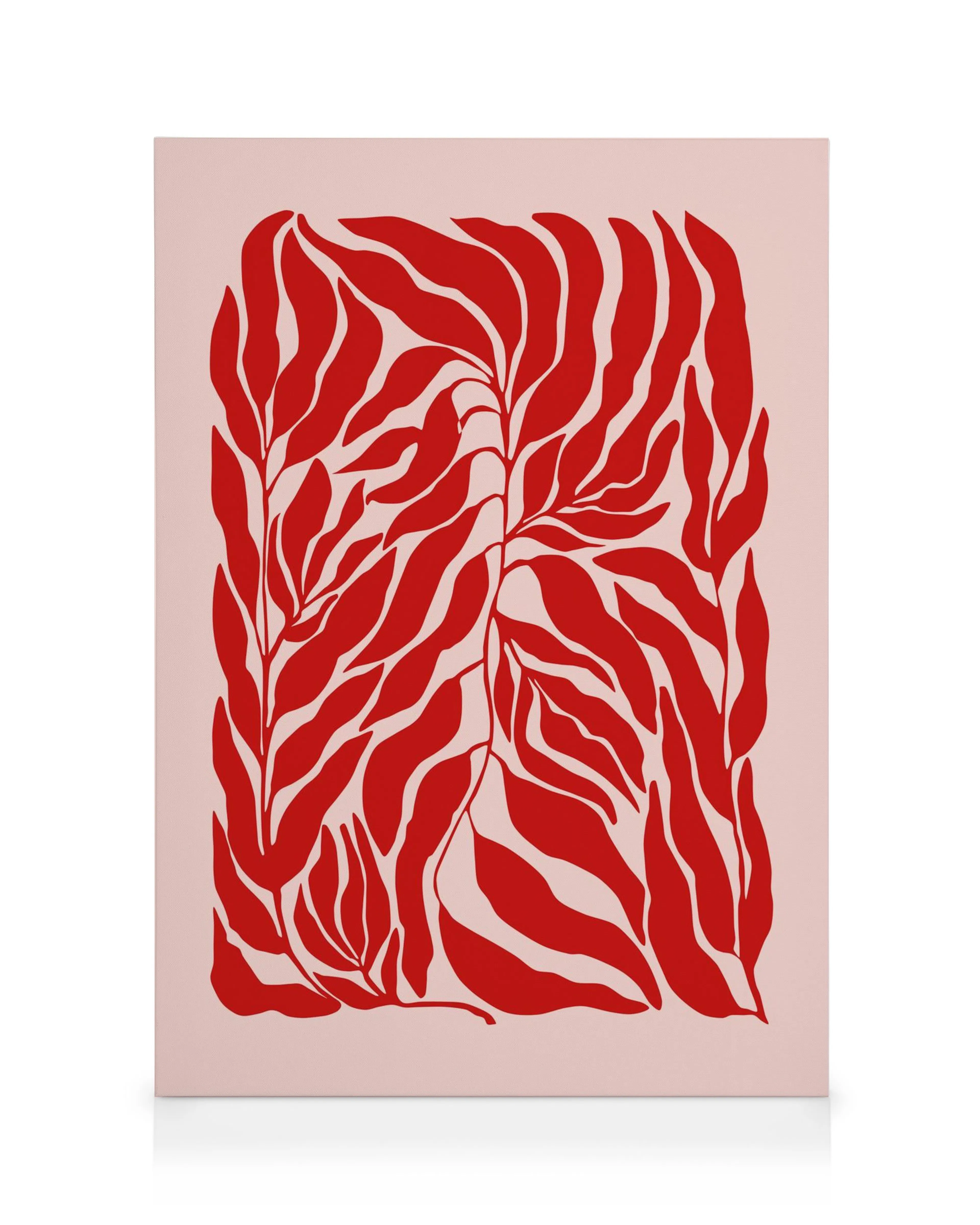 Canvas met rood-roze botanisch patroon, abstracte bladvormen op roze achtergrond.