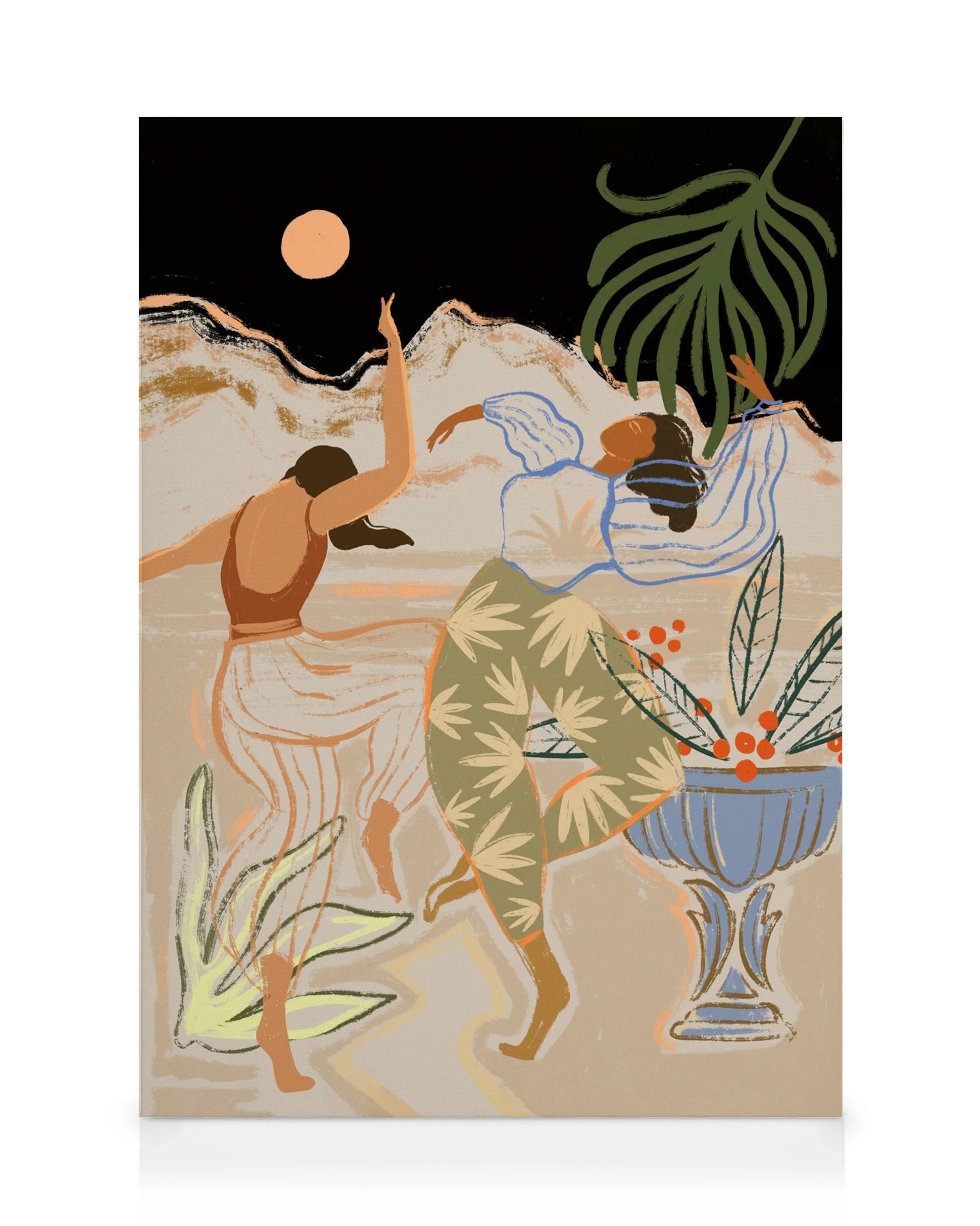 Lienzo Arty Guava, dos siluetas bailando bajo la luna con montañas y plantas, tonos tierra.