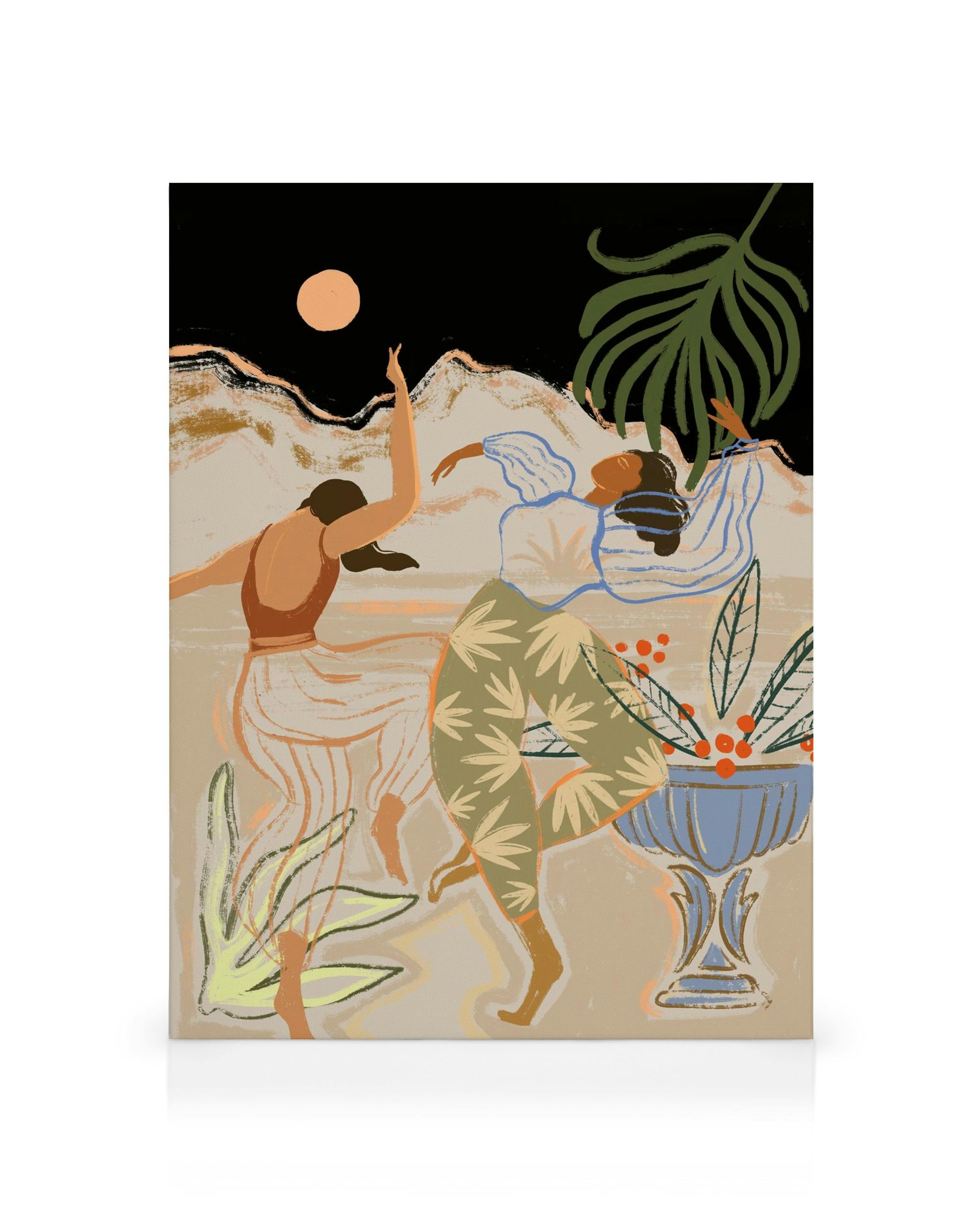 Toile abstraite avec deux silhouettes dansantes sous la lune devant des montagnes, couleurs marron, orange, vert, jaune.