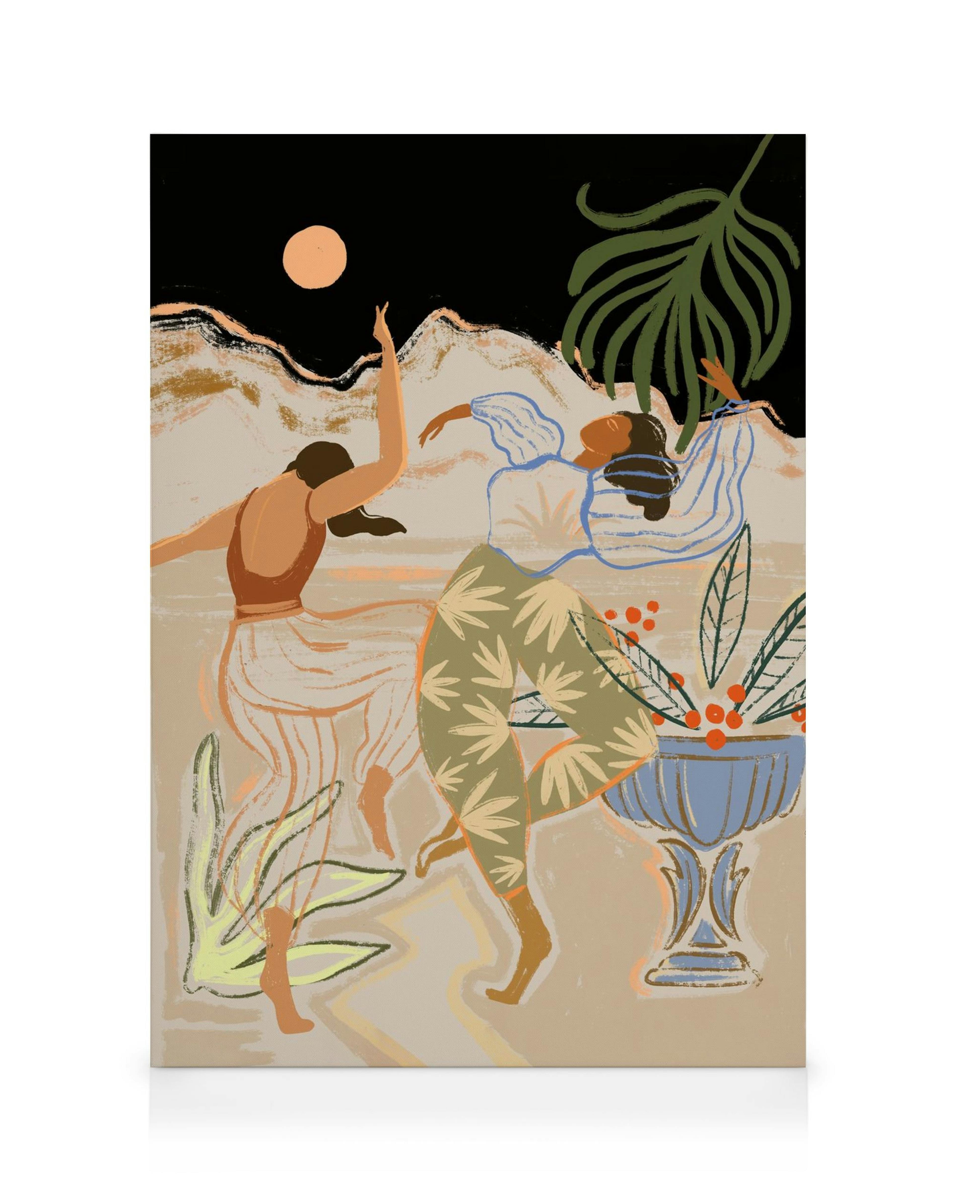 Obraz na płótnie: dwie sylwetki tańczące pod pomarańczowym księżycem, góry, rośliny, brązy, pomarańcze, zielenie.
