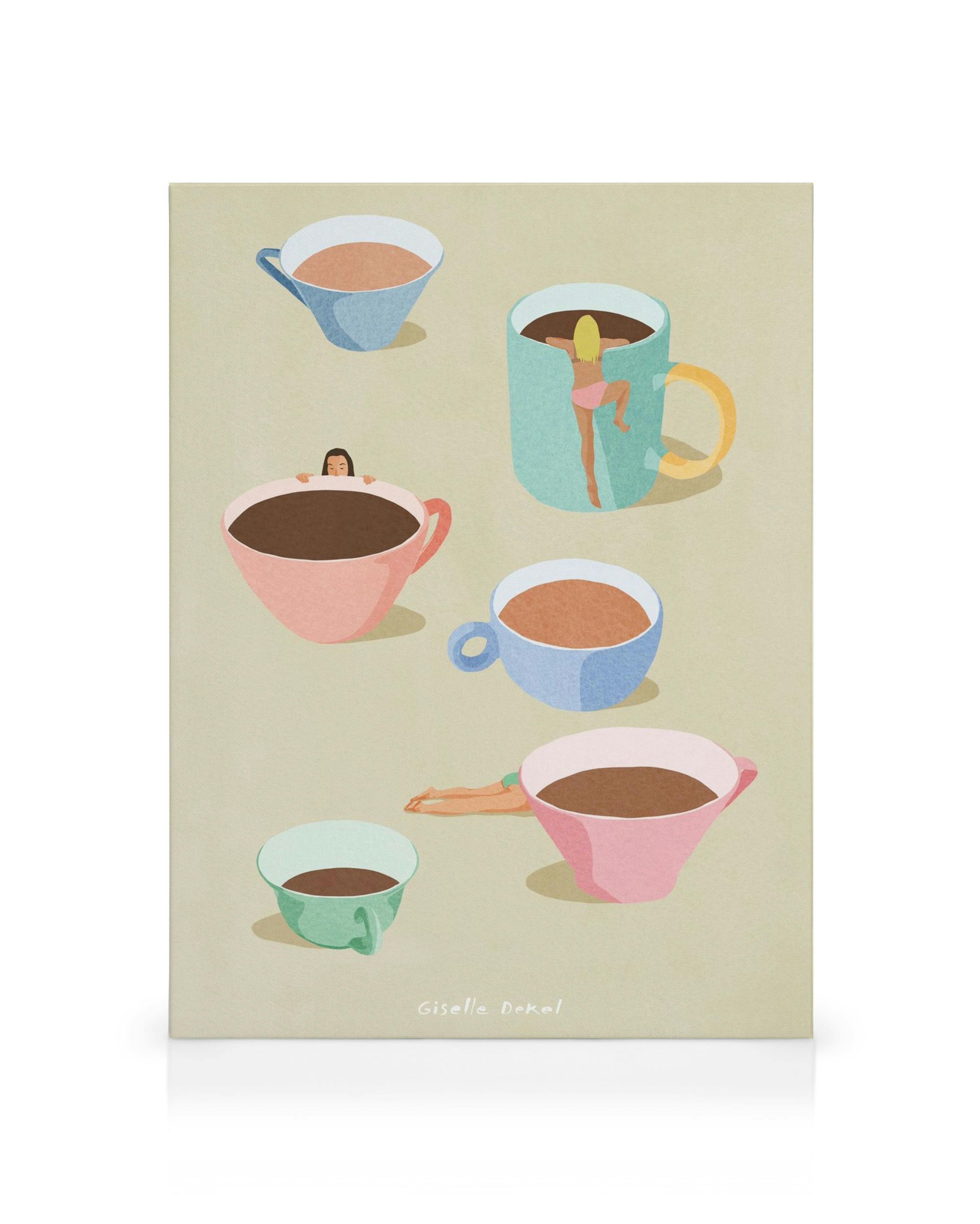 Canvas met illustratie van vijf kleurrijke koffiekopjes met mensen die erin zwemmen, op een beige achtergrond.
