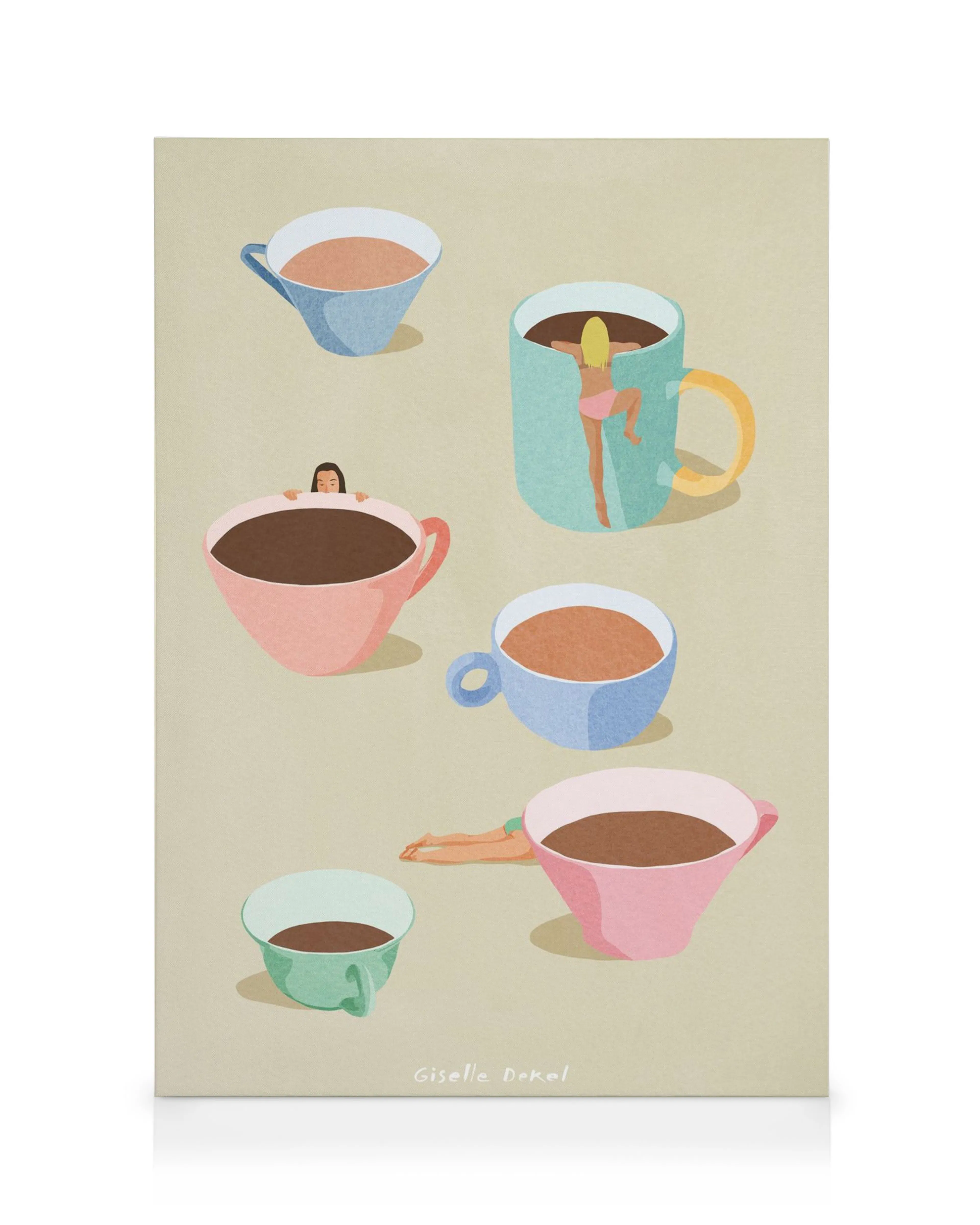 Tela Coffee Ladies de Giselle Dekel, cinco chávenas coloridas com braços e pernas, fundo bege, arte fantasiosa.