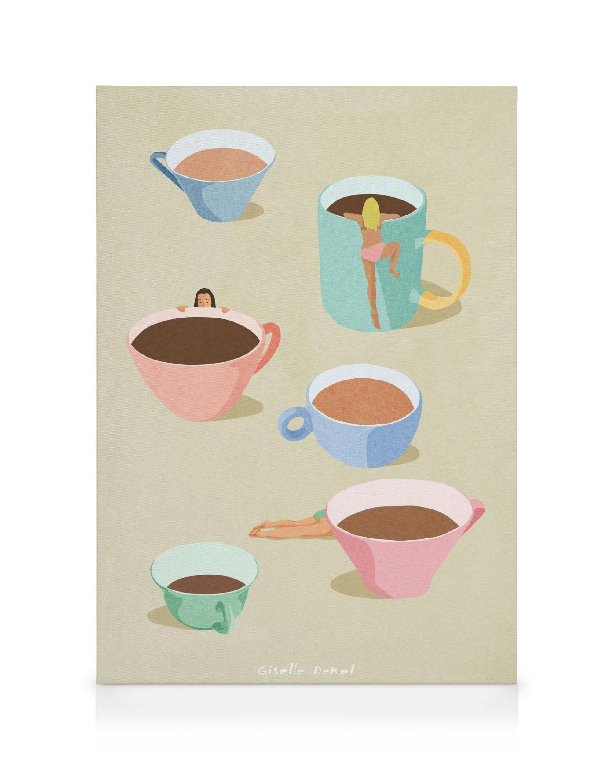 Stampa su tela Giselle Dekel - Coffee Ladies con tazze antropomorfe che contengono persone, su sfondo beige.