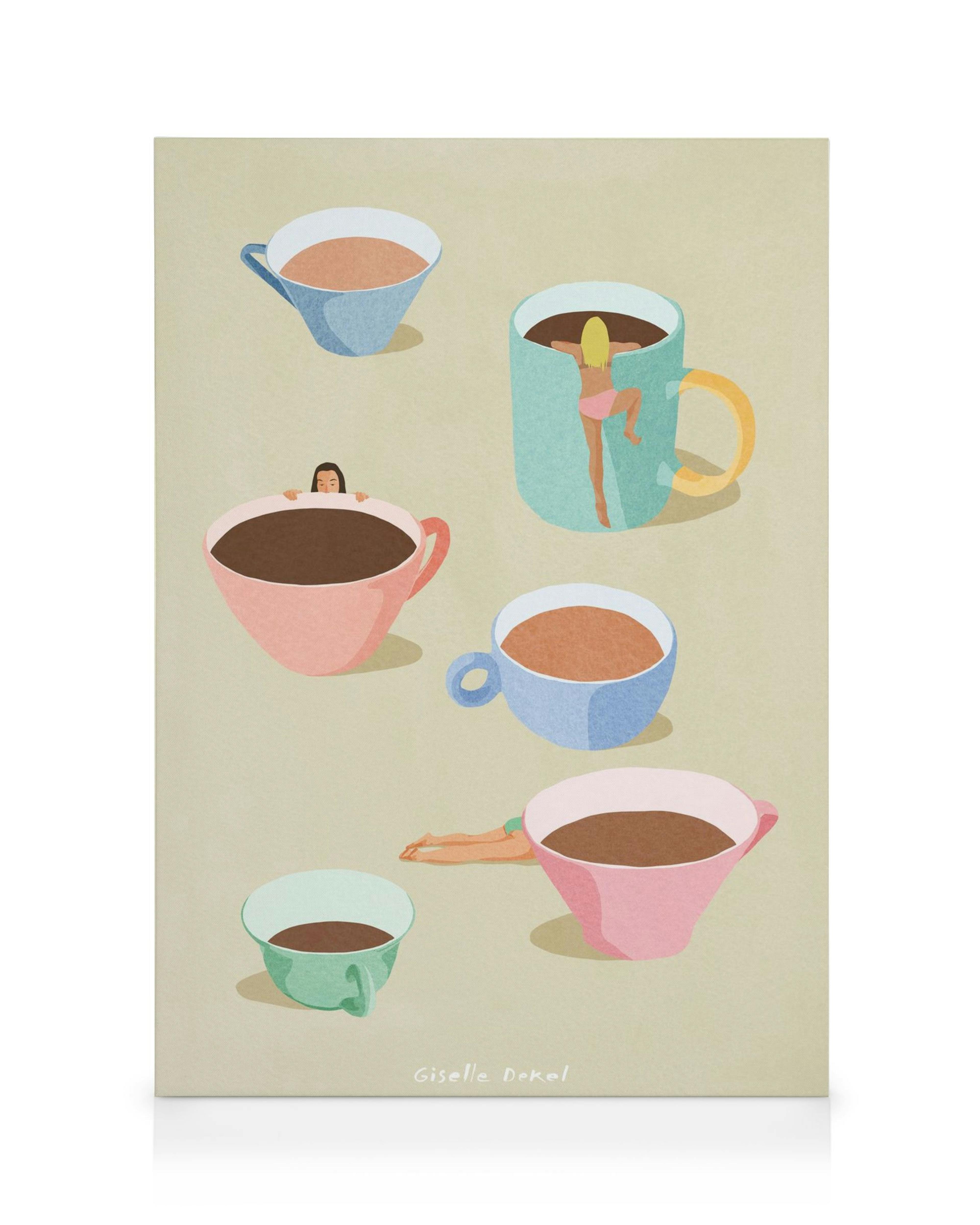 Stampa su tela Giselle Dekel - Coffee Ladies con tazze antropomorfe che contengono persone, su sfondo beige.