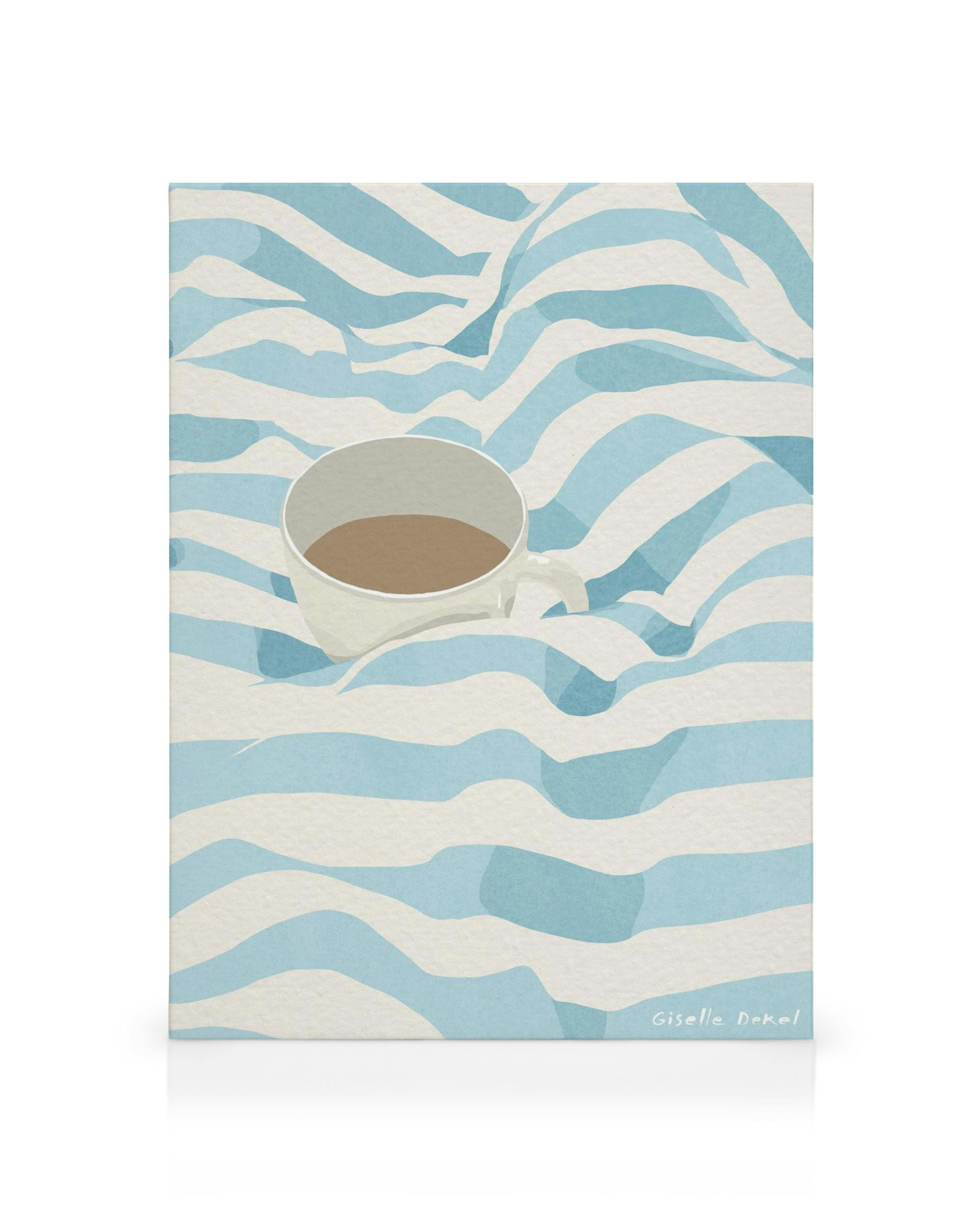 Leinwandbild mit Kaffeetasse auf blau-weiß gestreiftem Muster in Giselle Dekel Stil