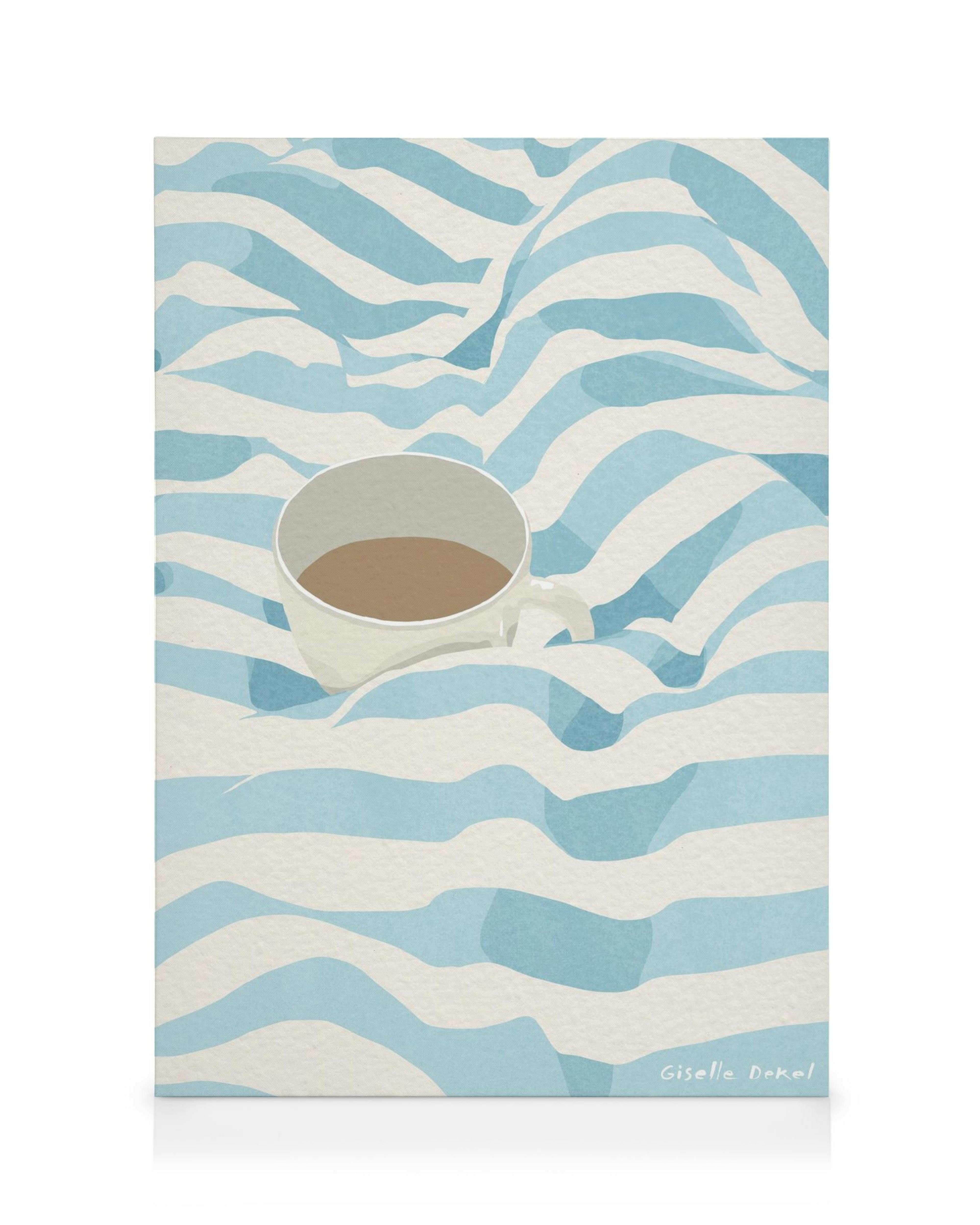 Vit kaffekopp på blå- och vitrandig bakgrund, en illustration i enkel stil som liknar pappersdesign.