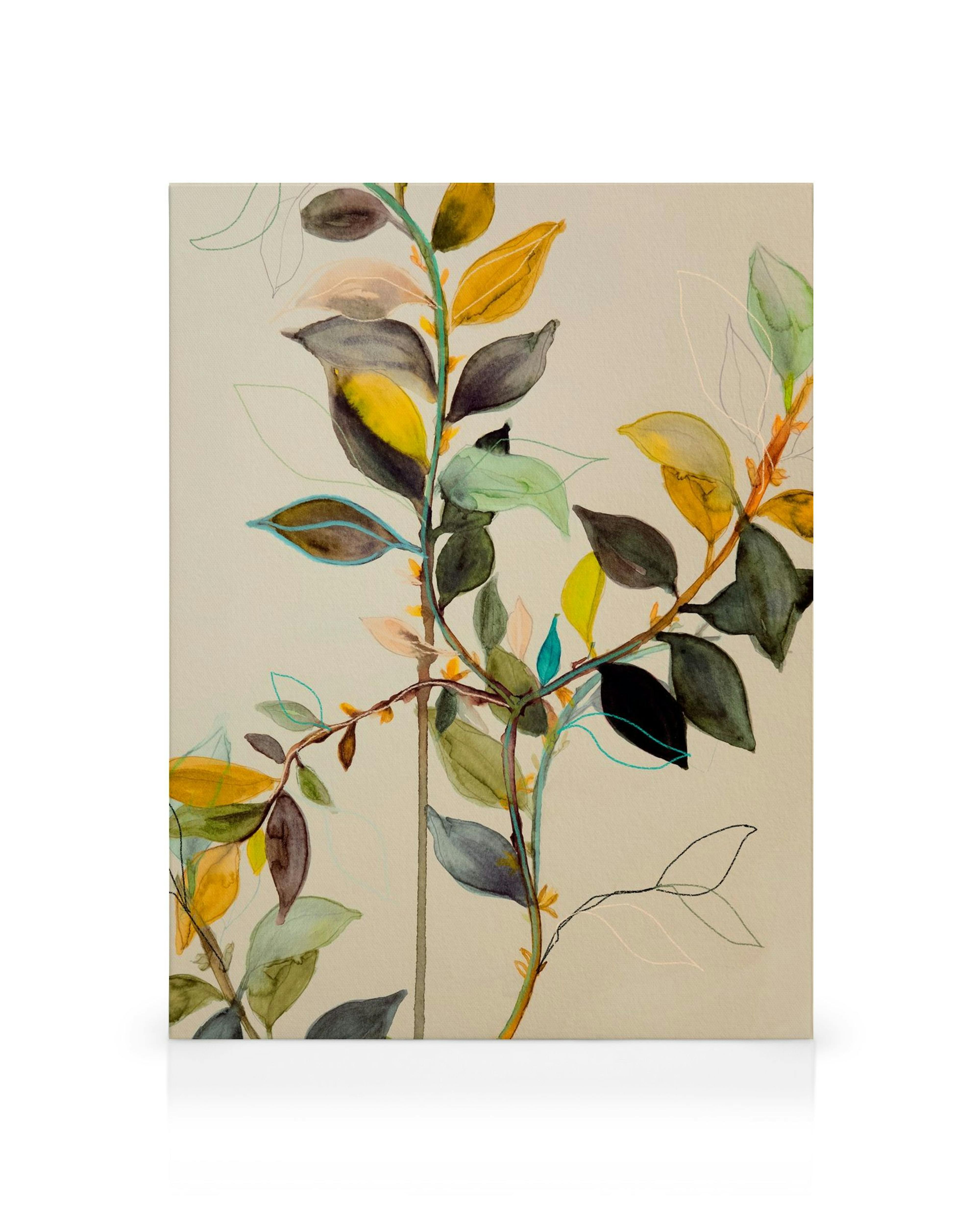 Botanical canvas print with large green, yellow, black, and orange leaves on a beige background, perfect wall art.