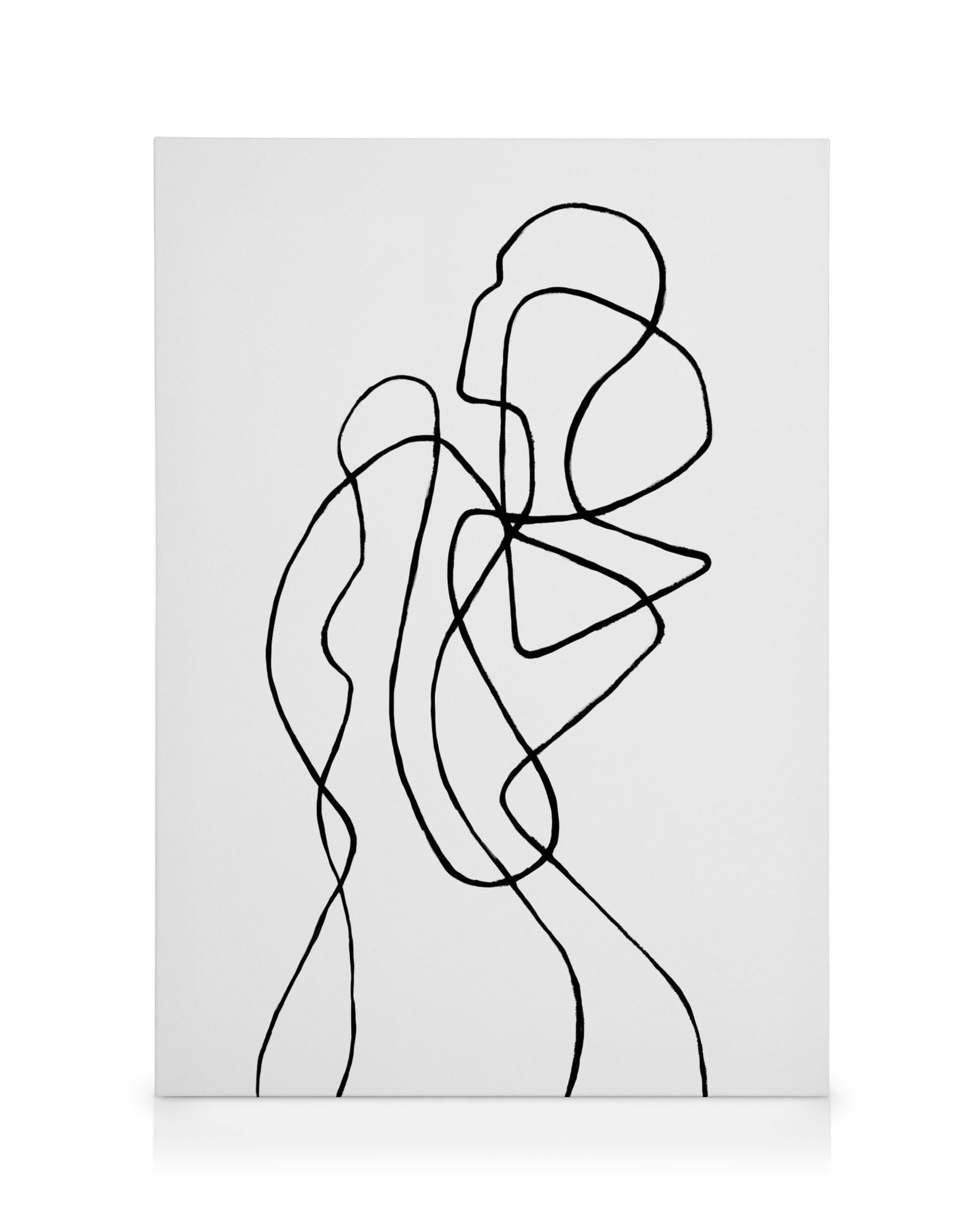 Minimalistische Leinwandkunst mit schwarzen, geschwungenen Linien, die abstrakte Formen auf weißem Hintergrund bilden