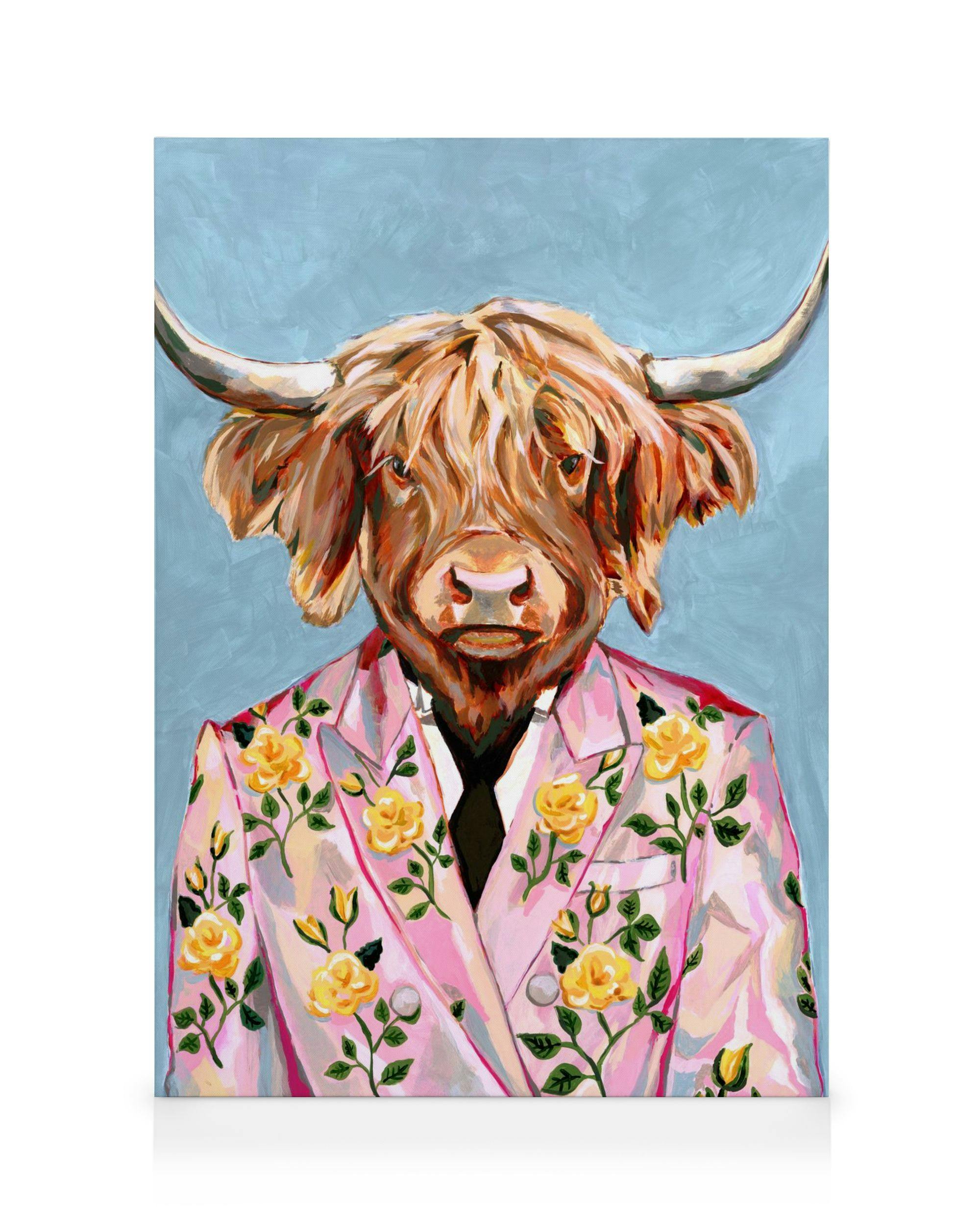 Heather Perry Artsy Cow canvas print, a Highland cow in a pink floral suit with yellow roses, on a light blue background.
