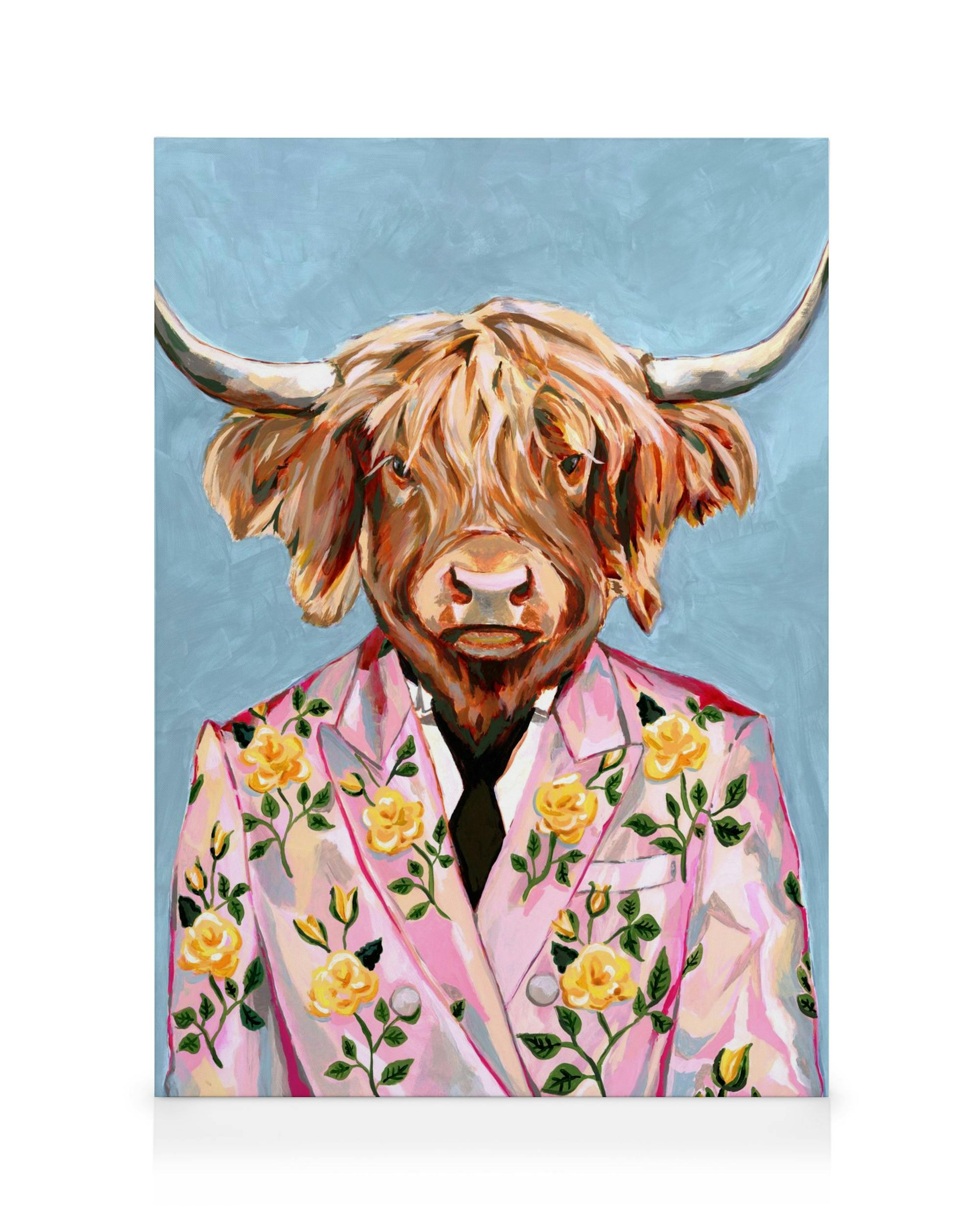 Heather Perry Artsy Cow canvas print, a Highland cow in a pink floral suit with yellow roses, on a light blue background.
