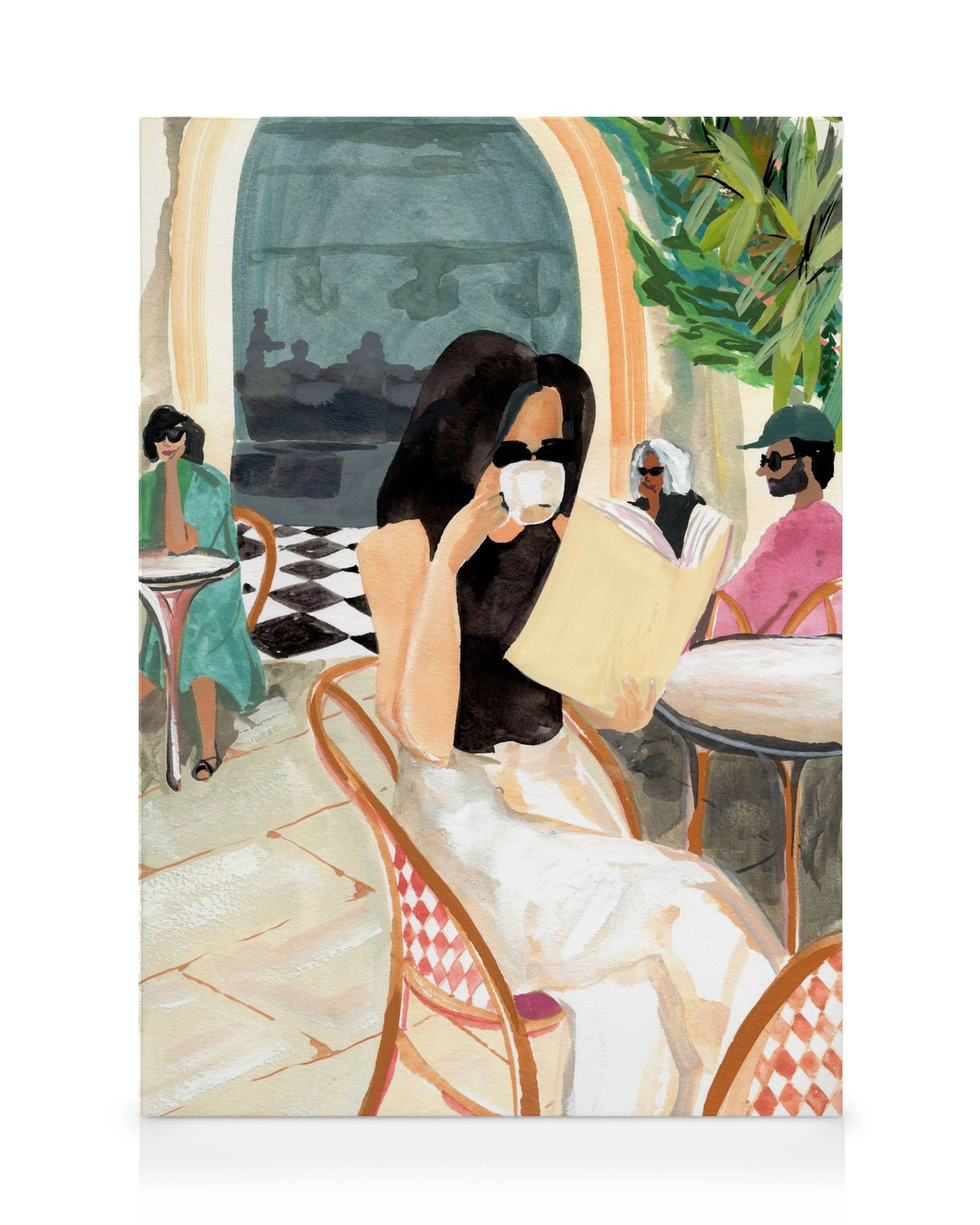 Leinwandbild einer Frau in weißem Kleid, die in einem Café ein Buch liest und Kaffee trinkt, mit sanften Grün- und Beigetönen.