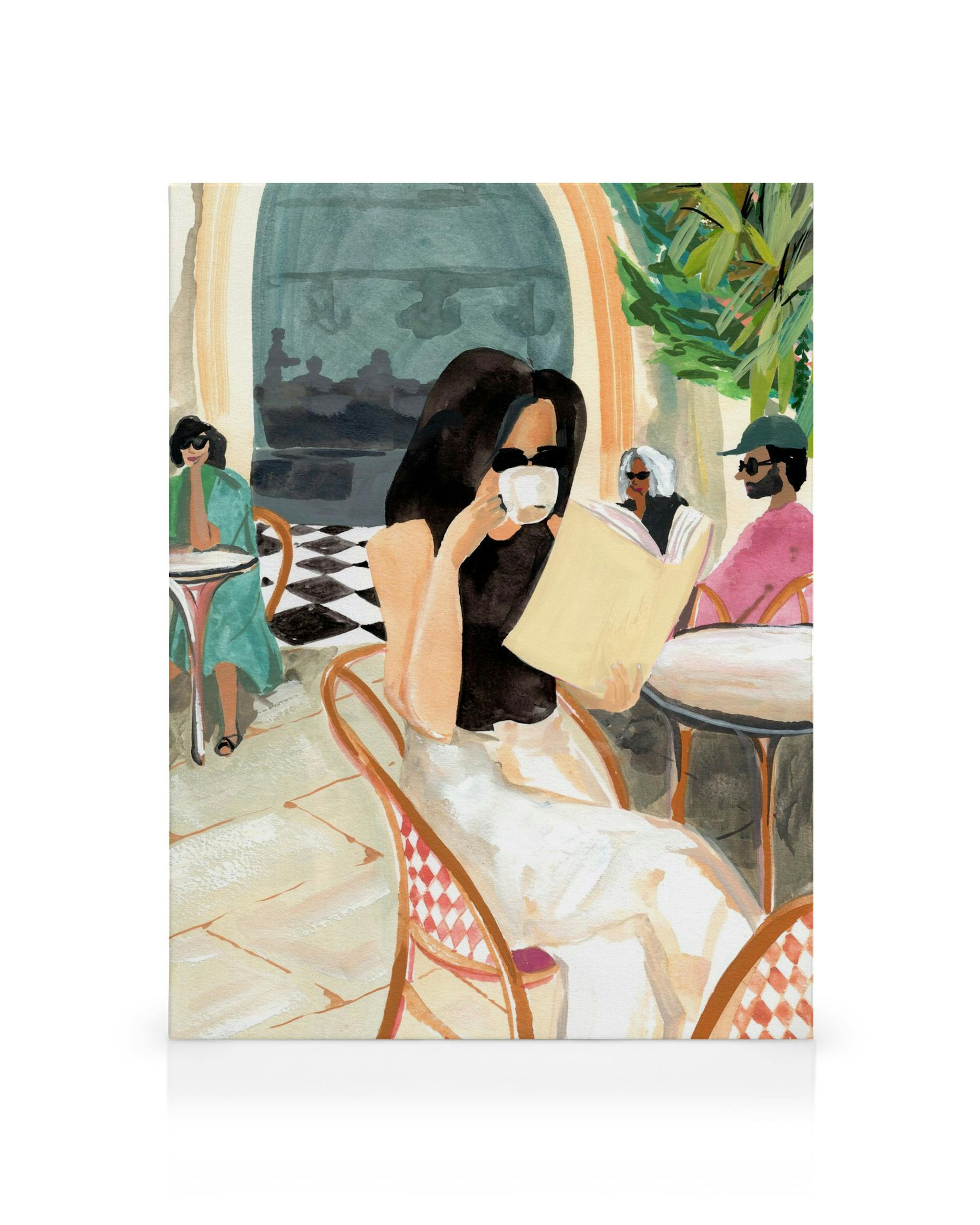 Akvarelmaleri af italiensk pige, der drikker kaffe og læser bog på café med venner, livlig lærredskunst