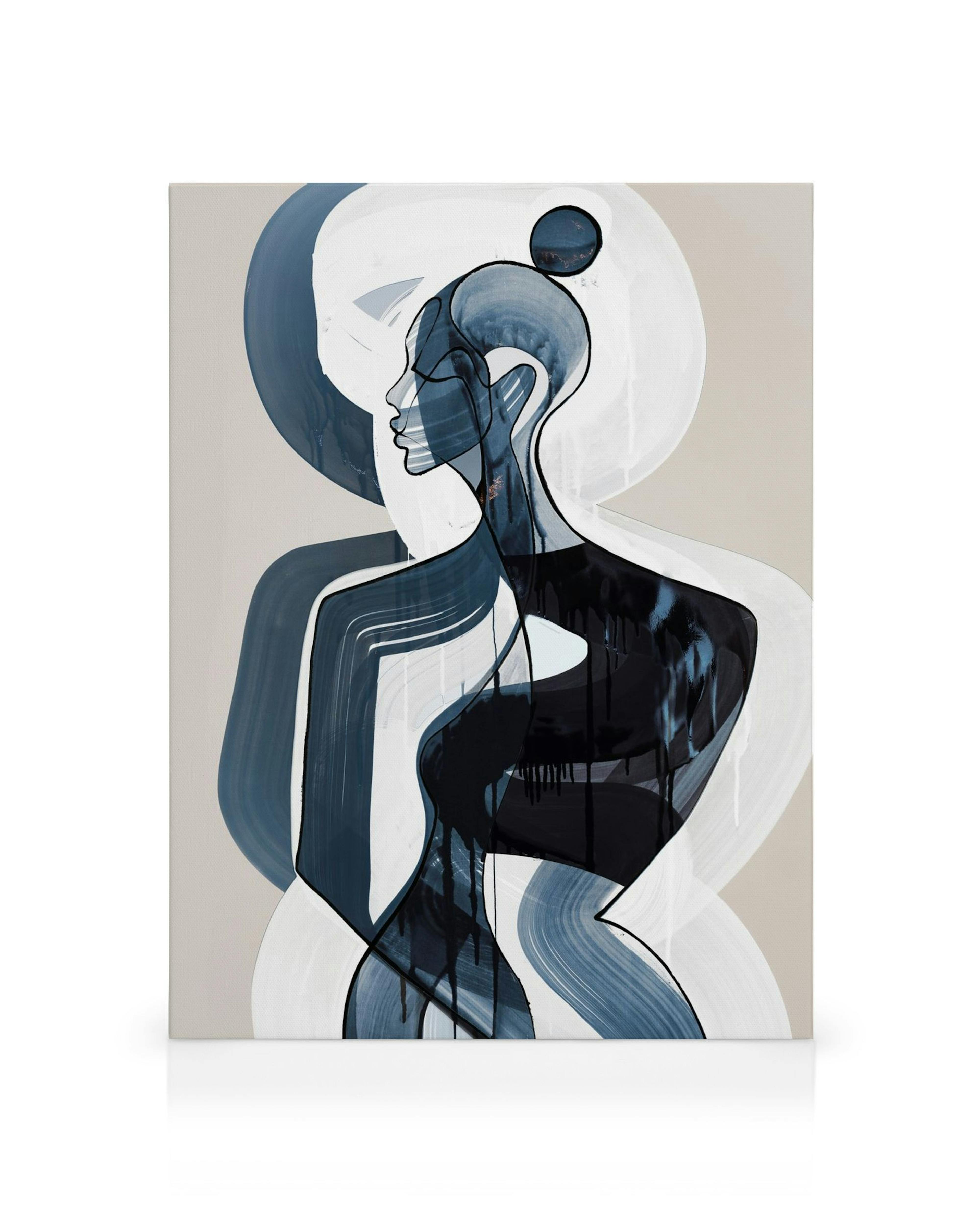 Abstraktes Leinwandbild, fließende Formen in Blau, Schwarz, Weiß auf Beige. Moderne Kunst mit Frauensilhouette.
