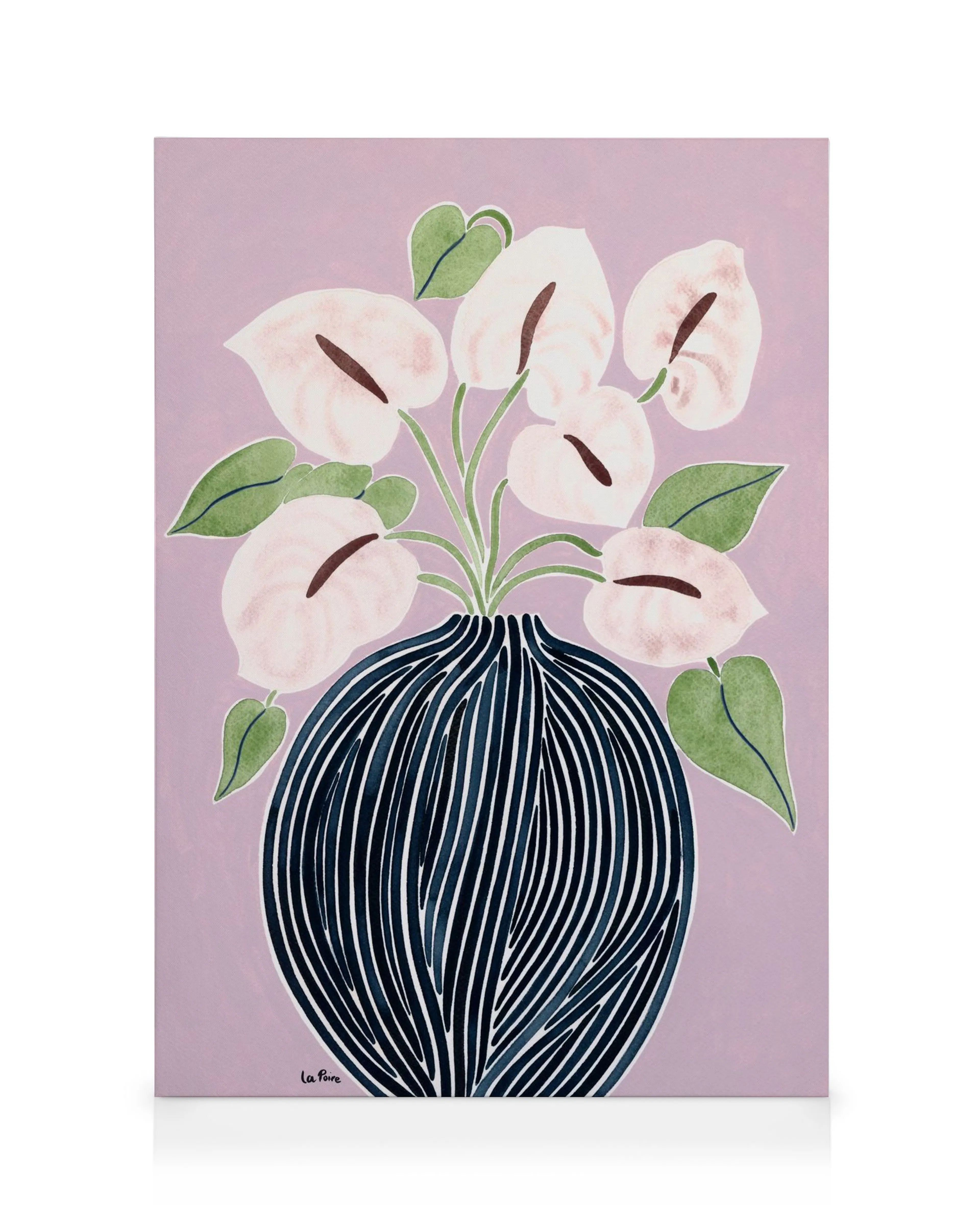 Anthuriums canvas print: pink flowers with dark centres and green leaves in a dark striped vase on a light purple background.
