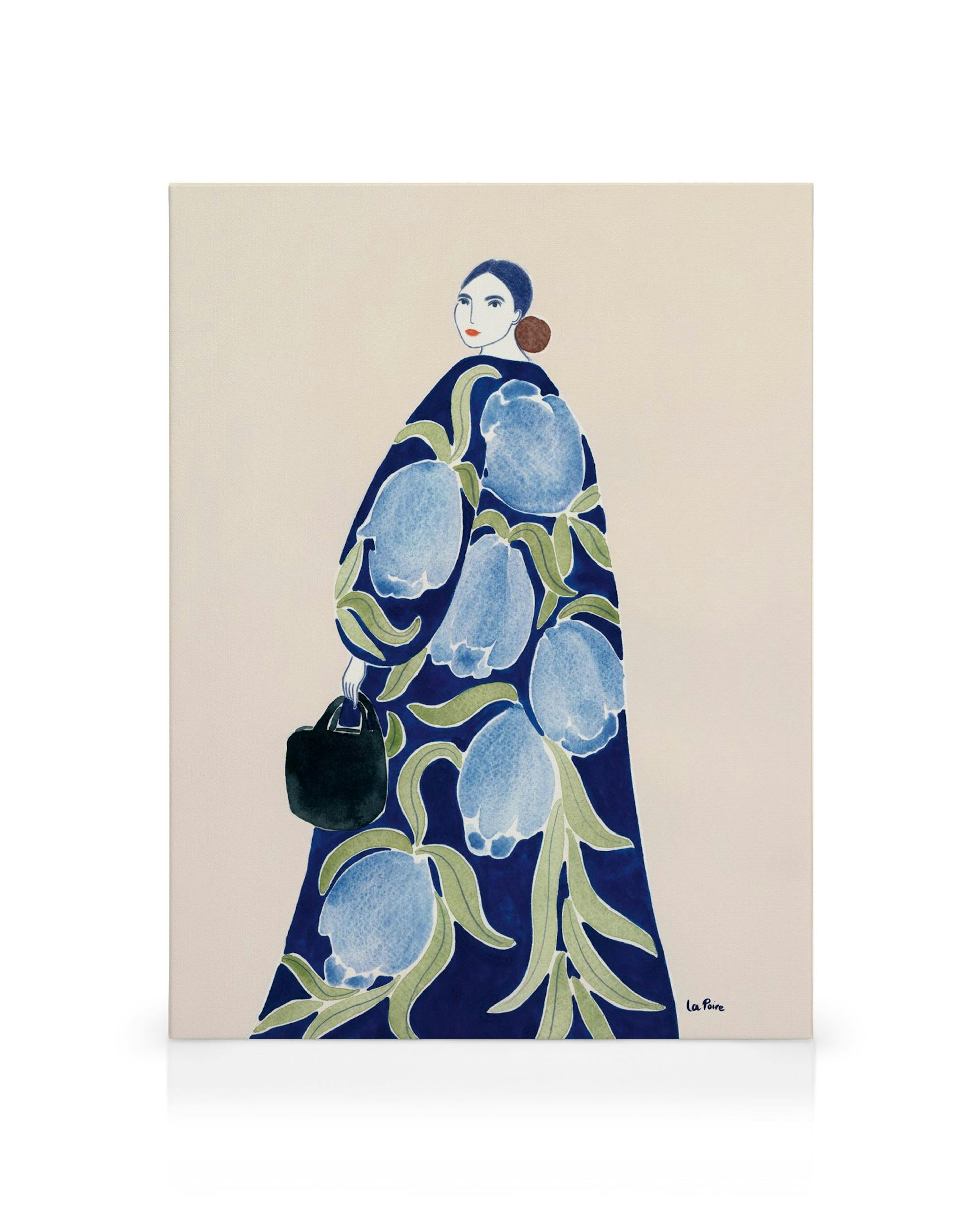 La Poire Turquoise Coat canvas print featuring a woman in a blue floral coat holding a black bag.