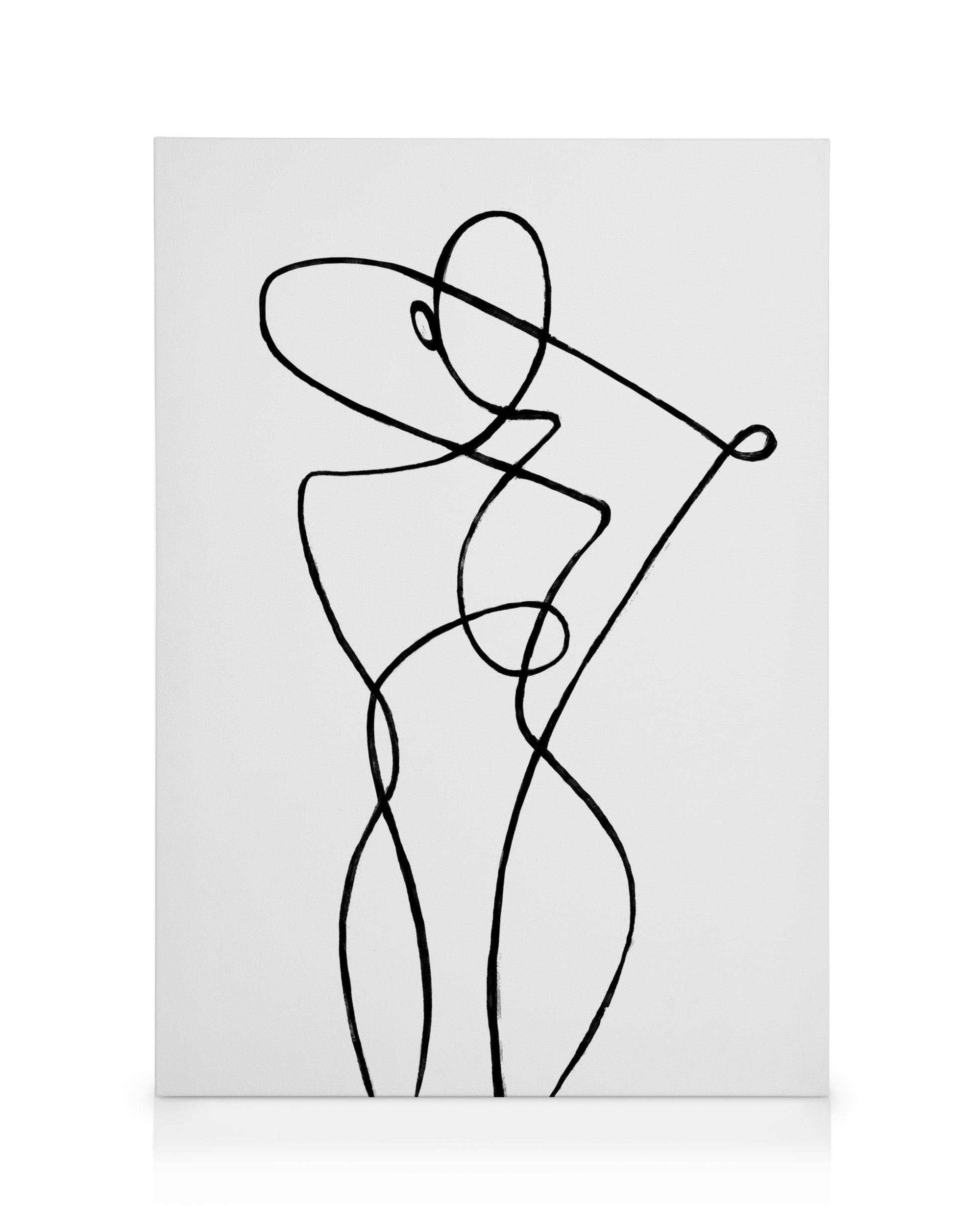 Stampa su tela con illustrazione astratta di figura umana in linea singola nera su sfondo bianco. Arte moderna, Antibes.