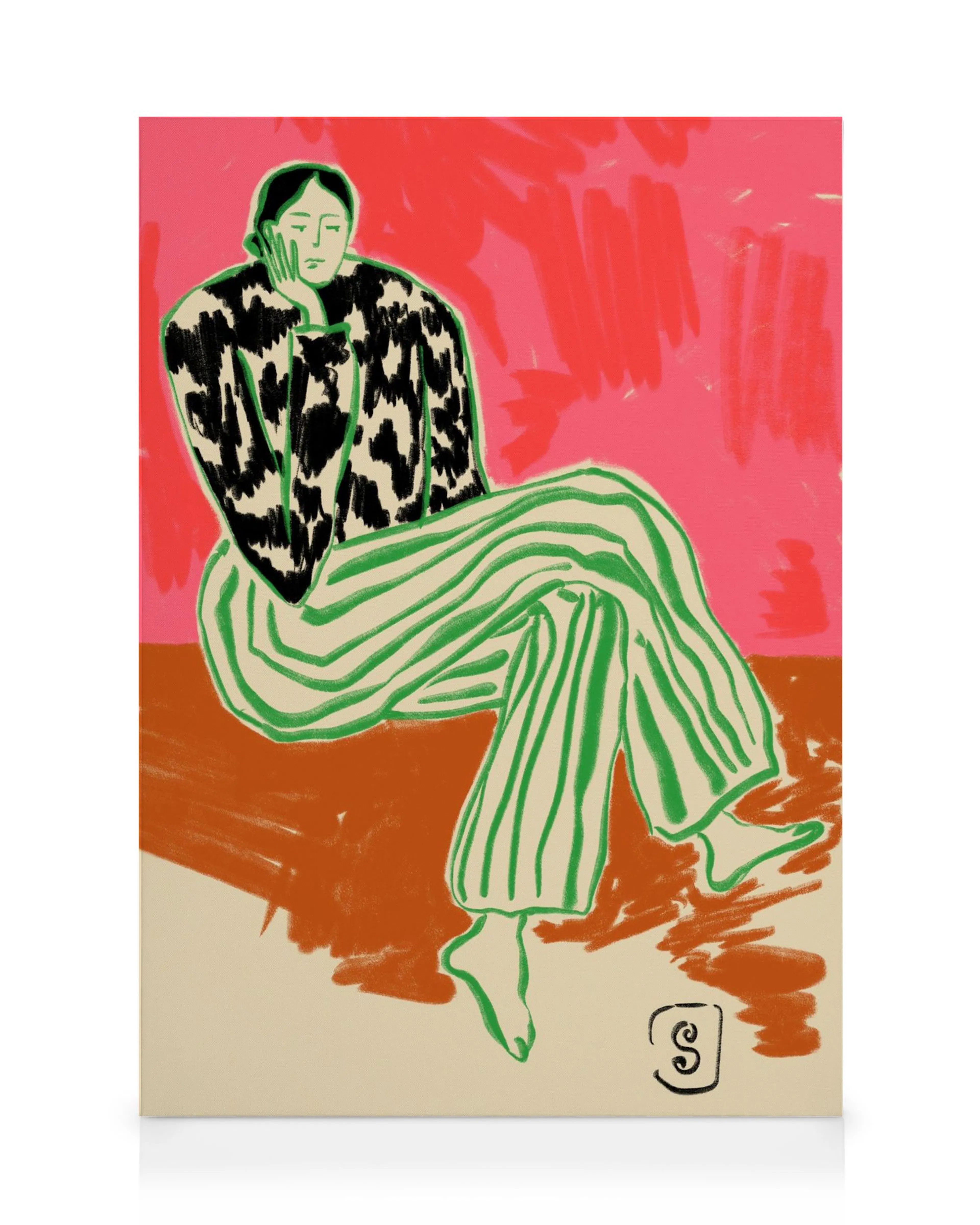 Sandra Poliakov ilustracja spokojnej kobiety w bluzce we wzory i pasiastych spodniach, różowo-brązowe tło.
