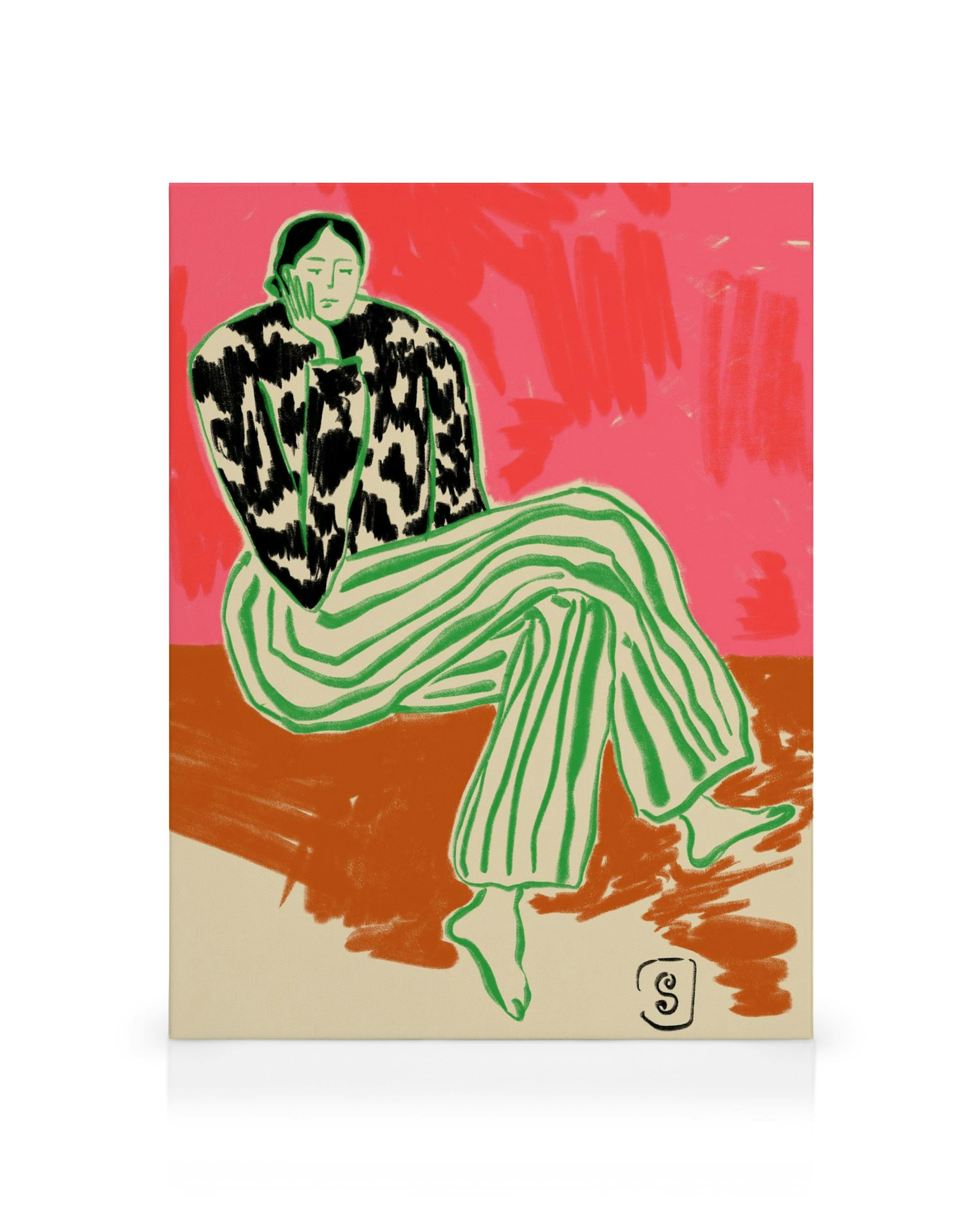 Sandra Poliakovs canvas print features a calm woman in a patterned top and striped pants, on a pink and brown background.