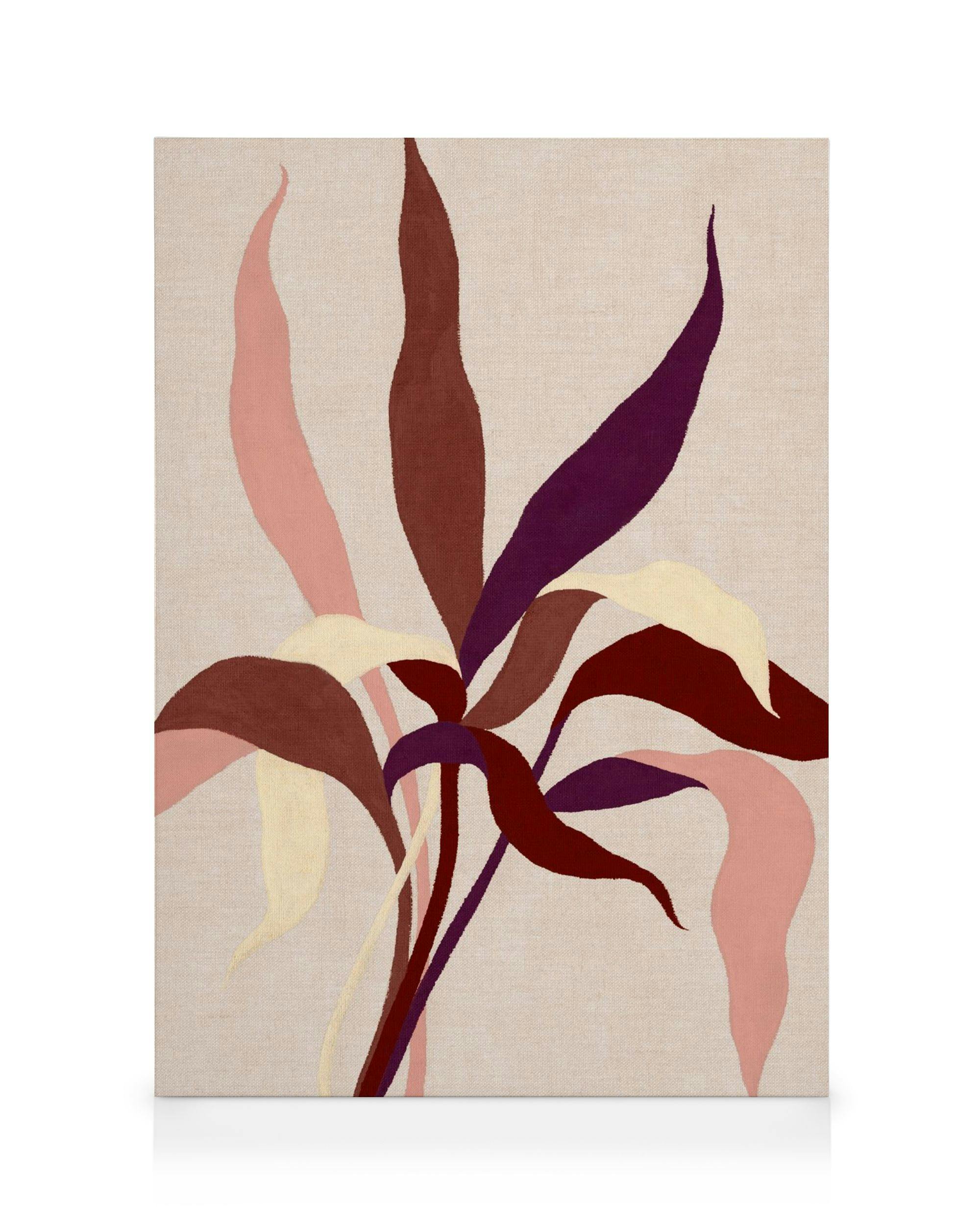 Botanical illustration canvas of abstract leaves in shades of plum, burgundy, pink, and cream on a linen-textured background.