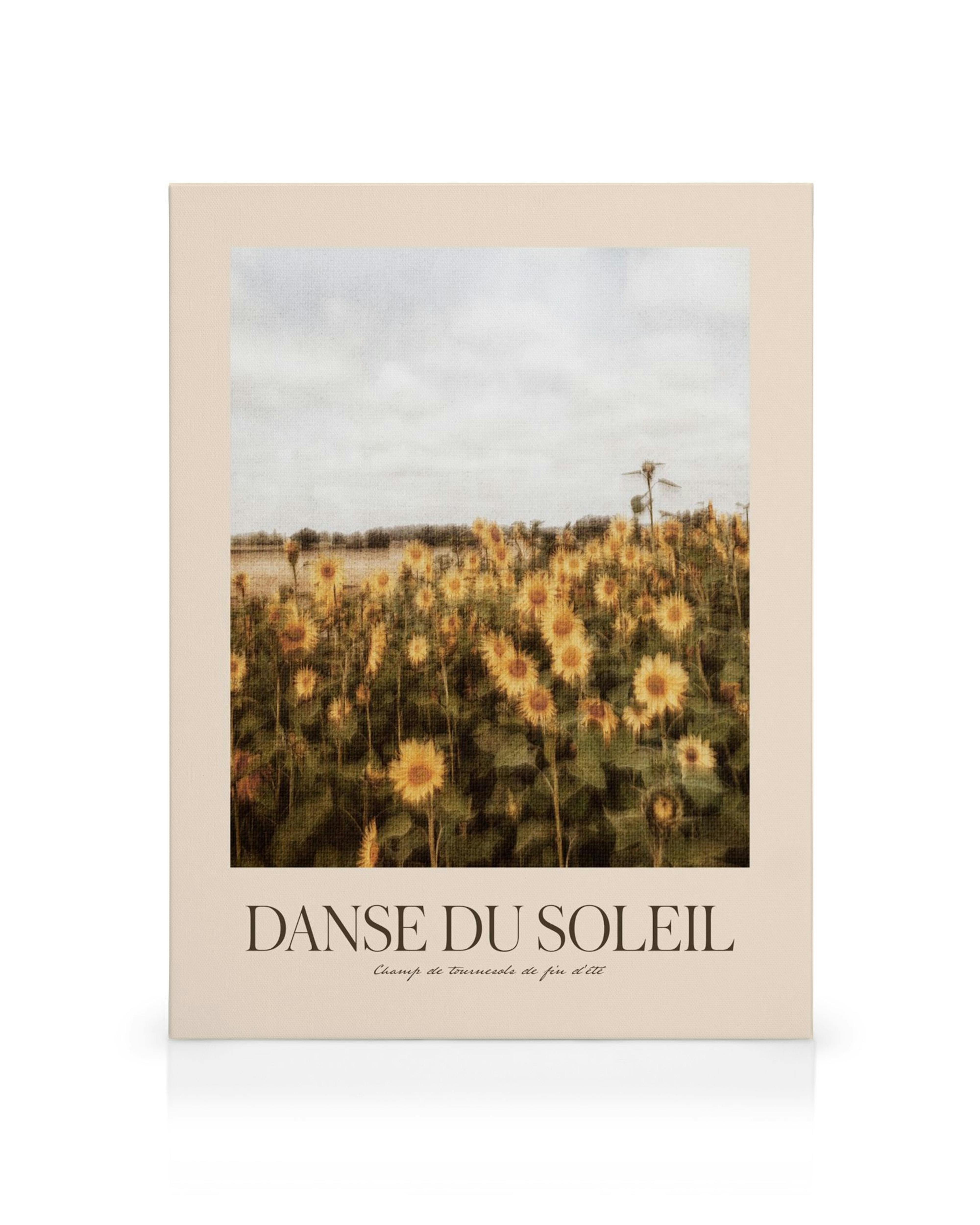 Textured canvas print of a vibrant sunflower field under a soft, cloudy sky, perfect for wall art.