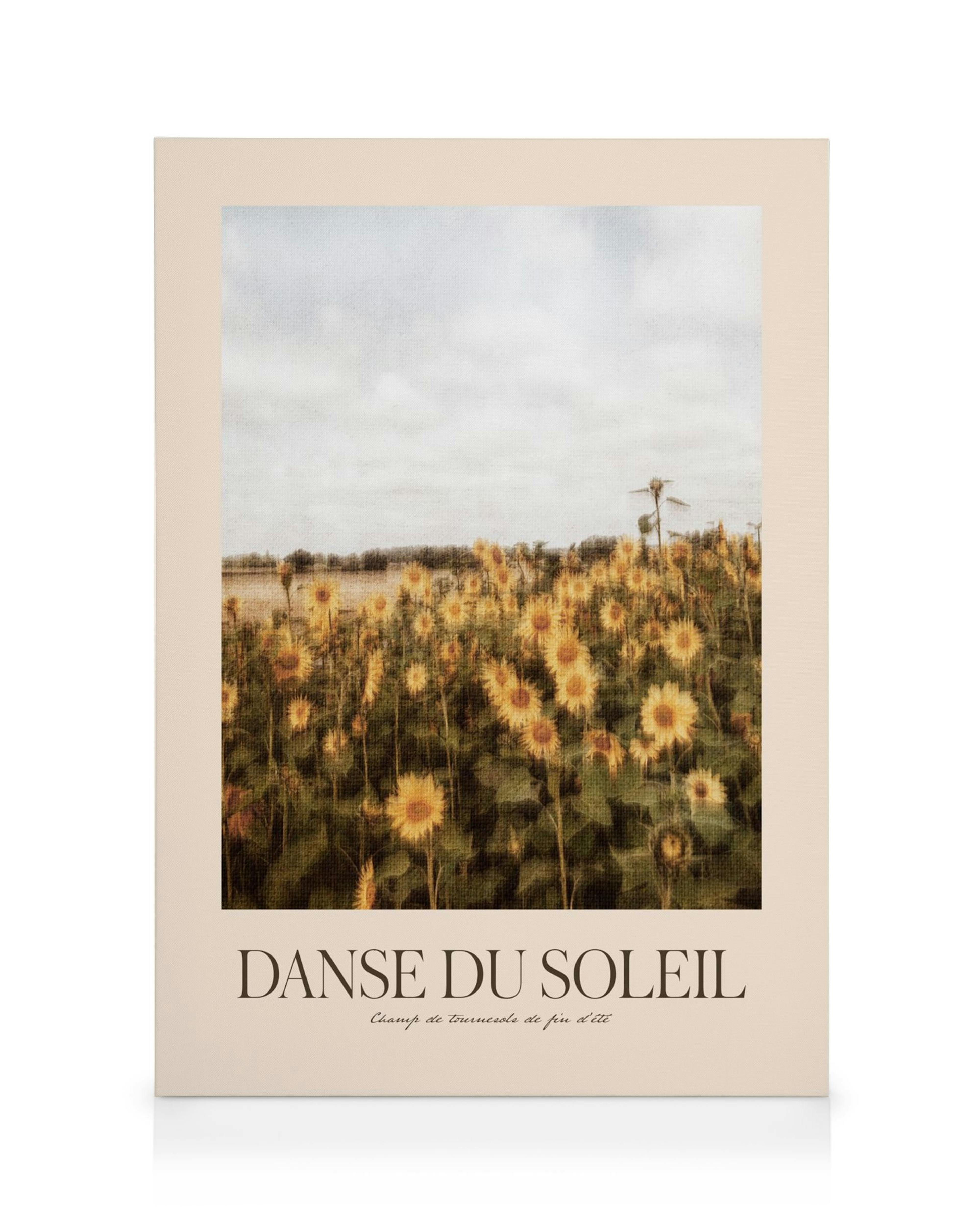 Toile champ de tournesols jaunes sous un ciel nuageux, avec typographie Danse du Soleil