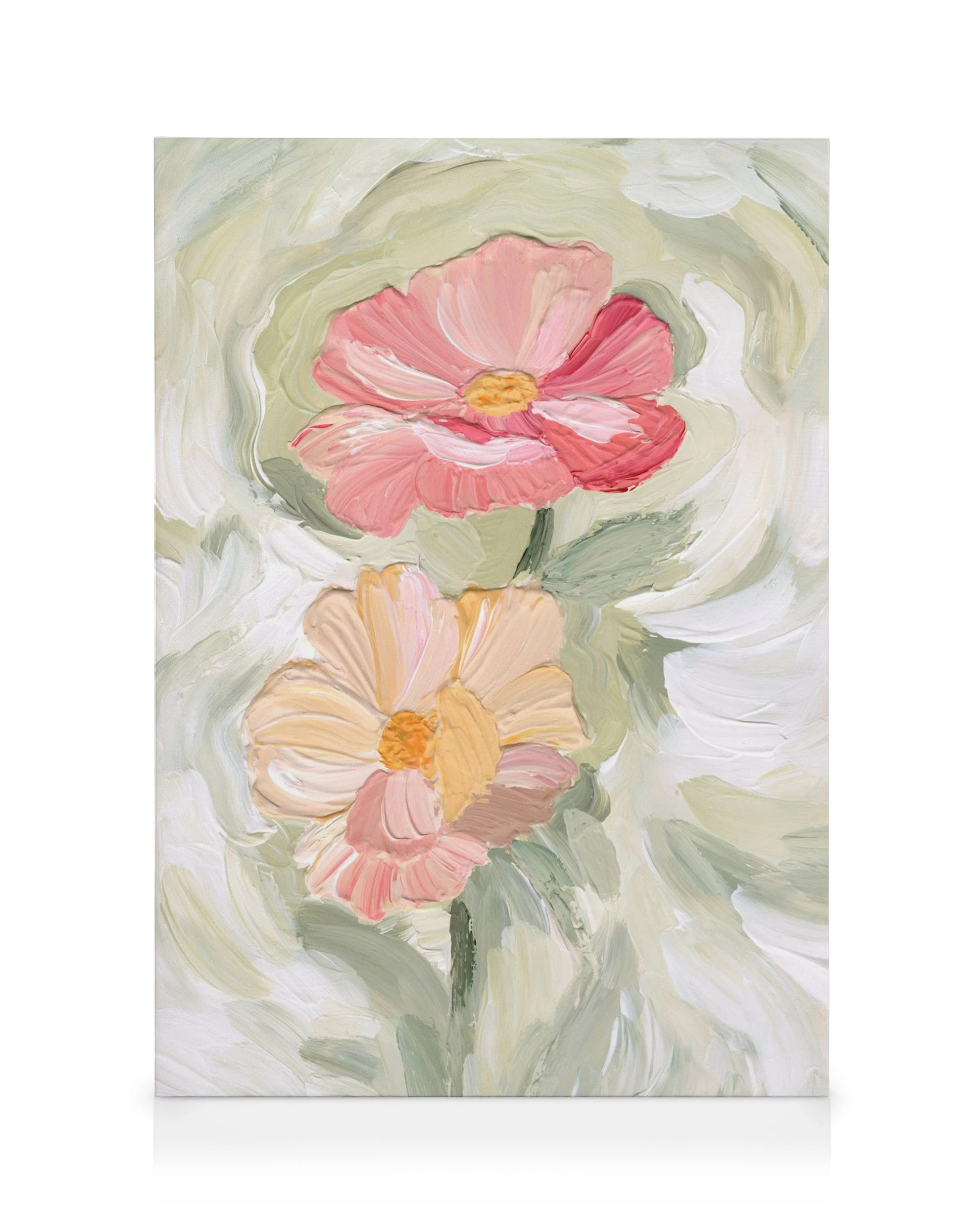 Gemalte rosa und cremefarbene Blüten mit dicken Pinselstrichen auf grünem Hintergrund, florale Wandkunst