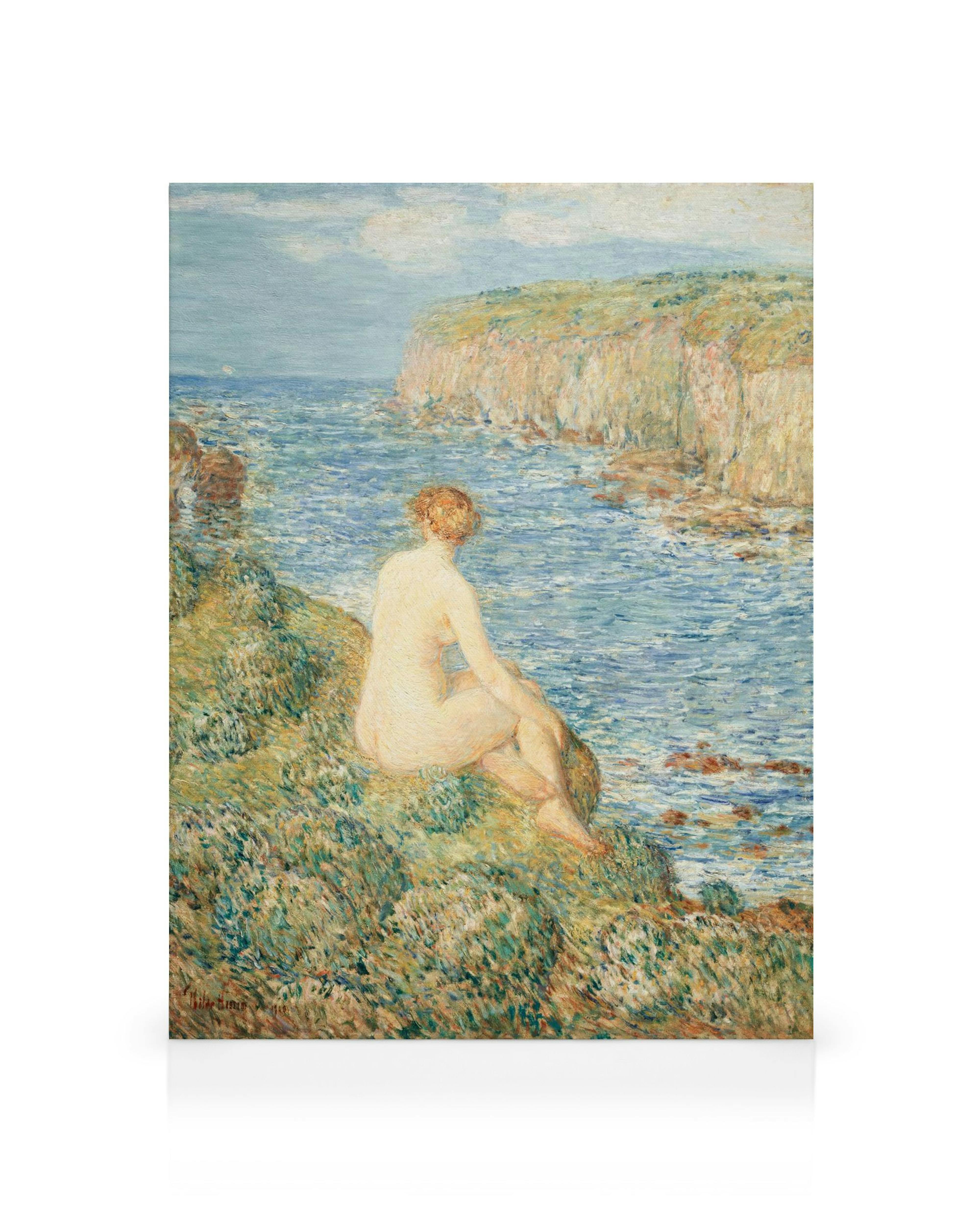 Toile de Frederick Childe Hassam: La Nymphe et la Mer, figure nue assise face à locéan, tons bleus et verts vifs