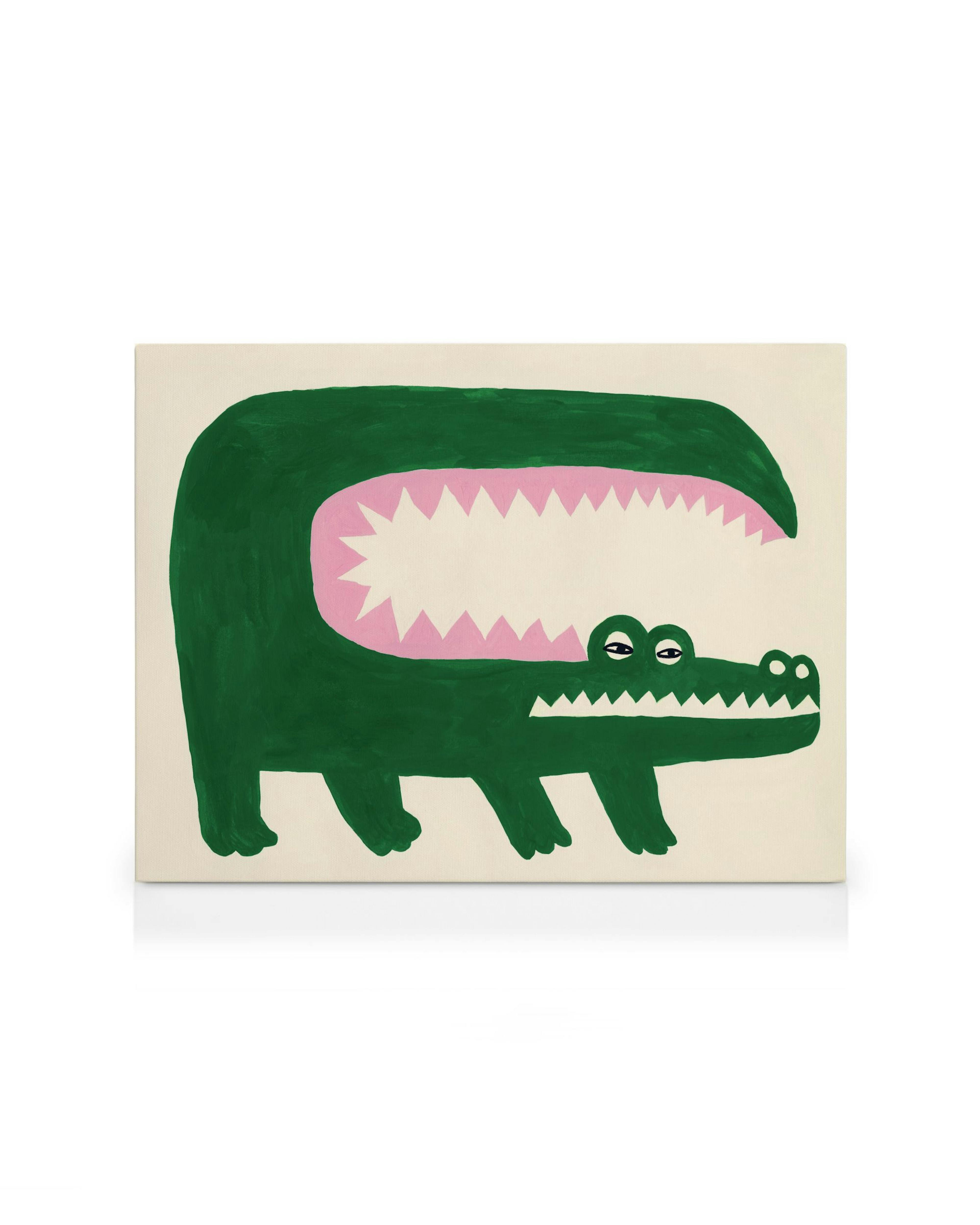 Lienzo de cocodrilo verde con boca abierta y dientes rosados. Arte estilo cómic, ilustración animal Dani Klaric.