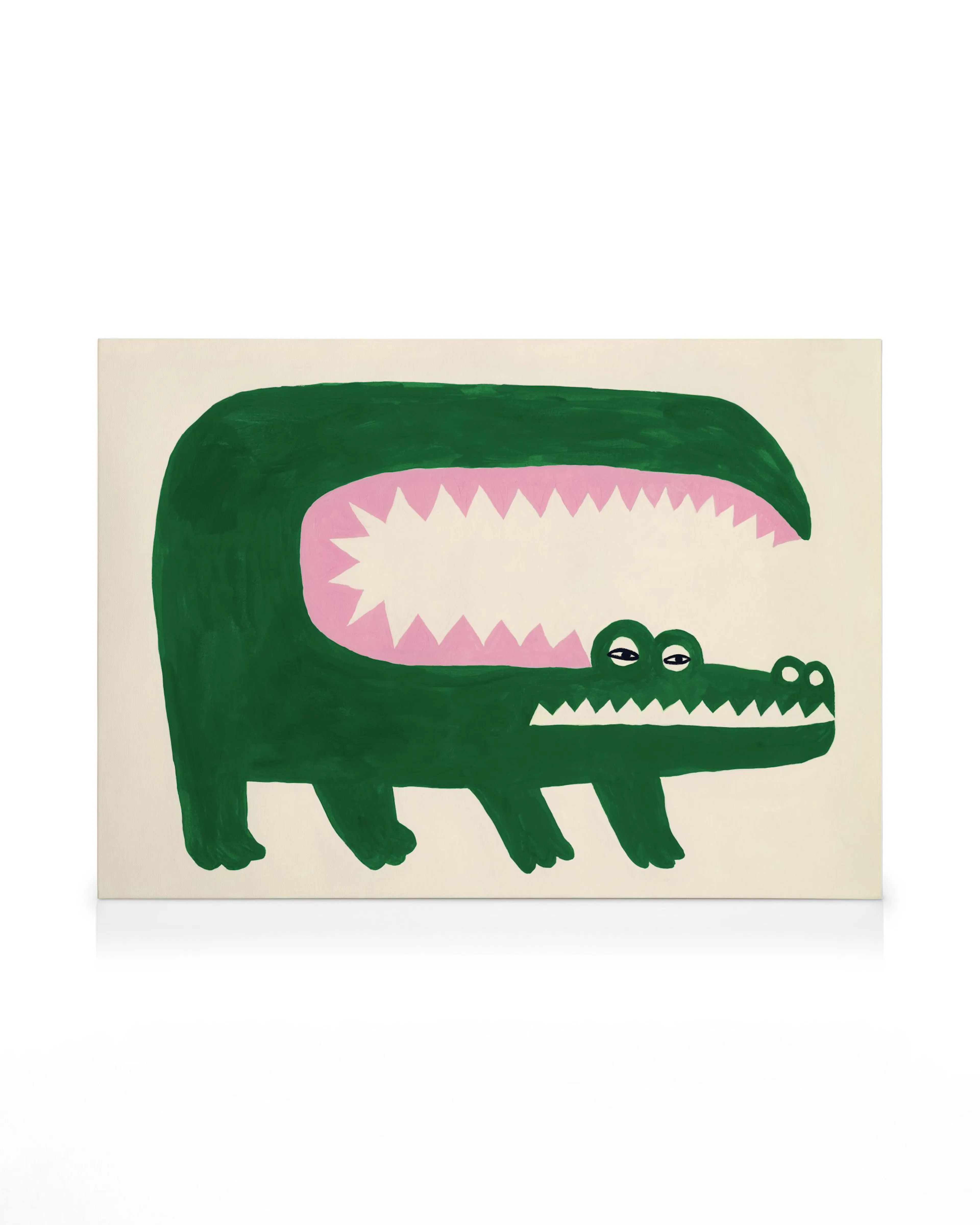 Grön akrylillustration av en krokodil med en stor, öppen mun och rosa tänder, i barnslig stil.