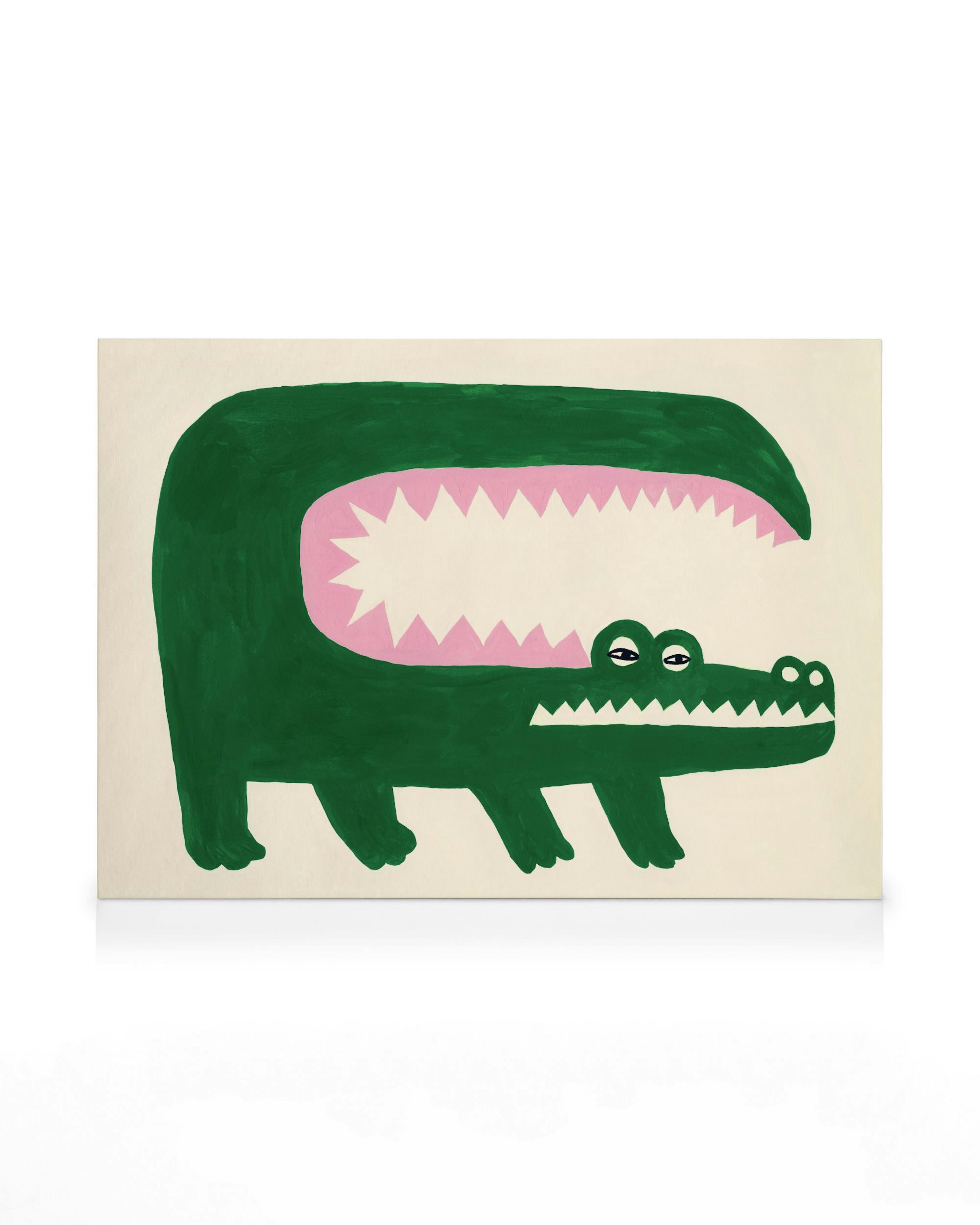 Green crocodile with open mouth and pink interior on a canvas print