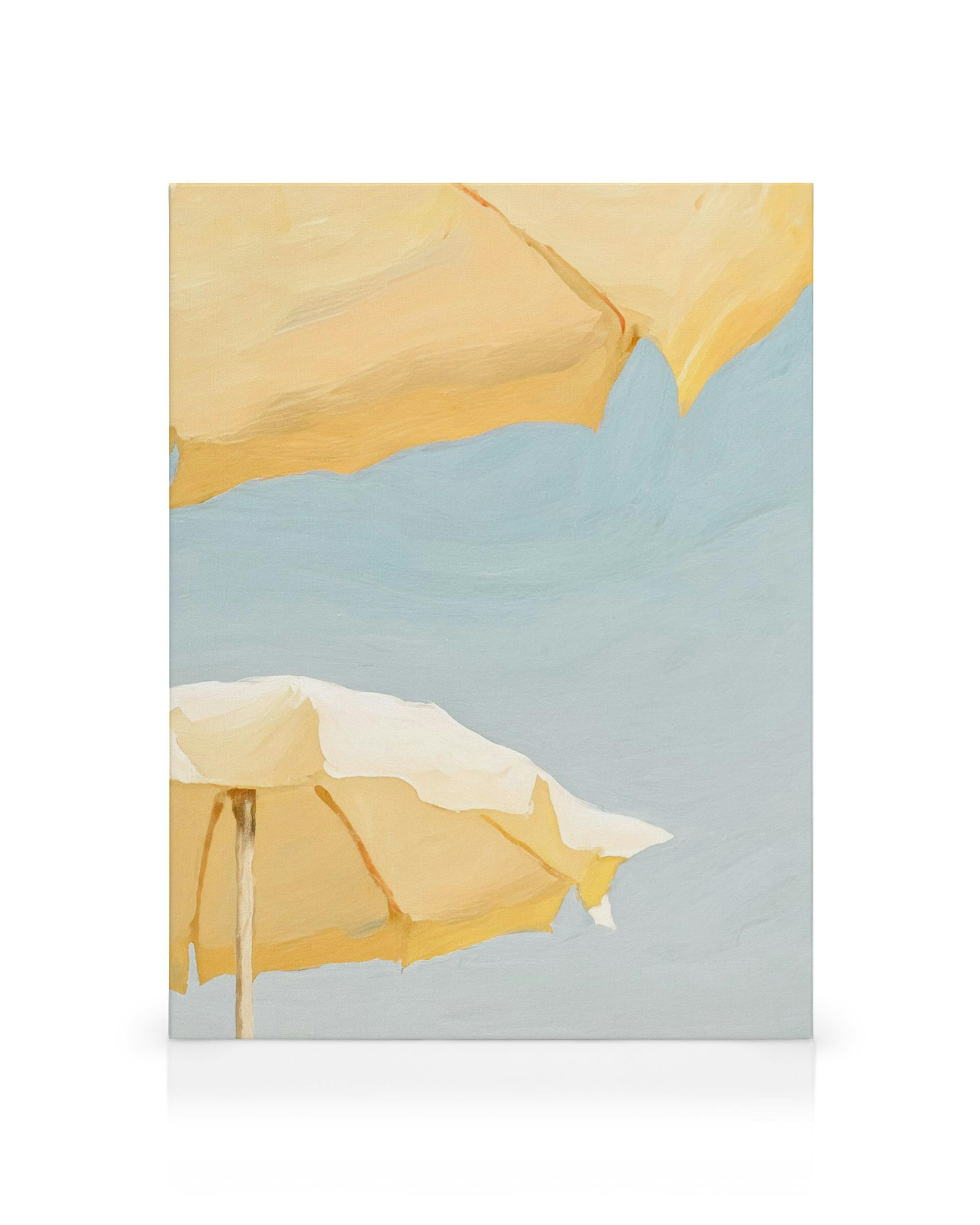 Toile de parasols jaunes sur fond bleu clair avec détails des baleines, texture de peinture visible.