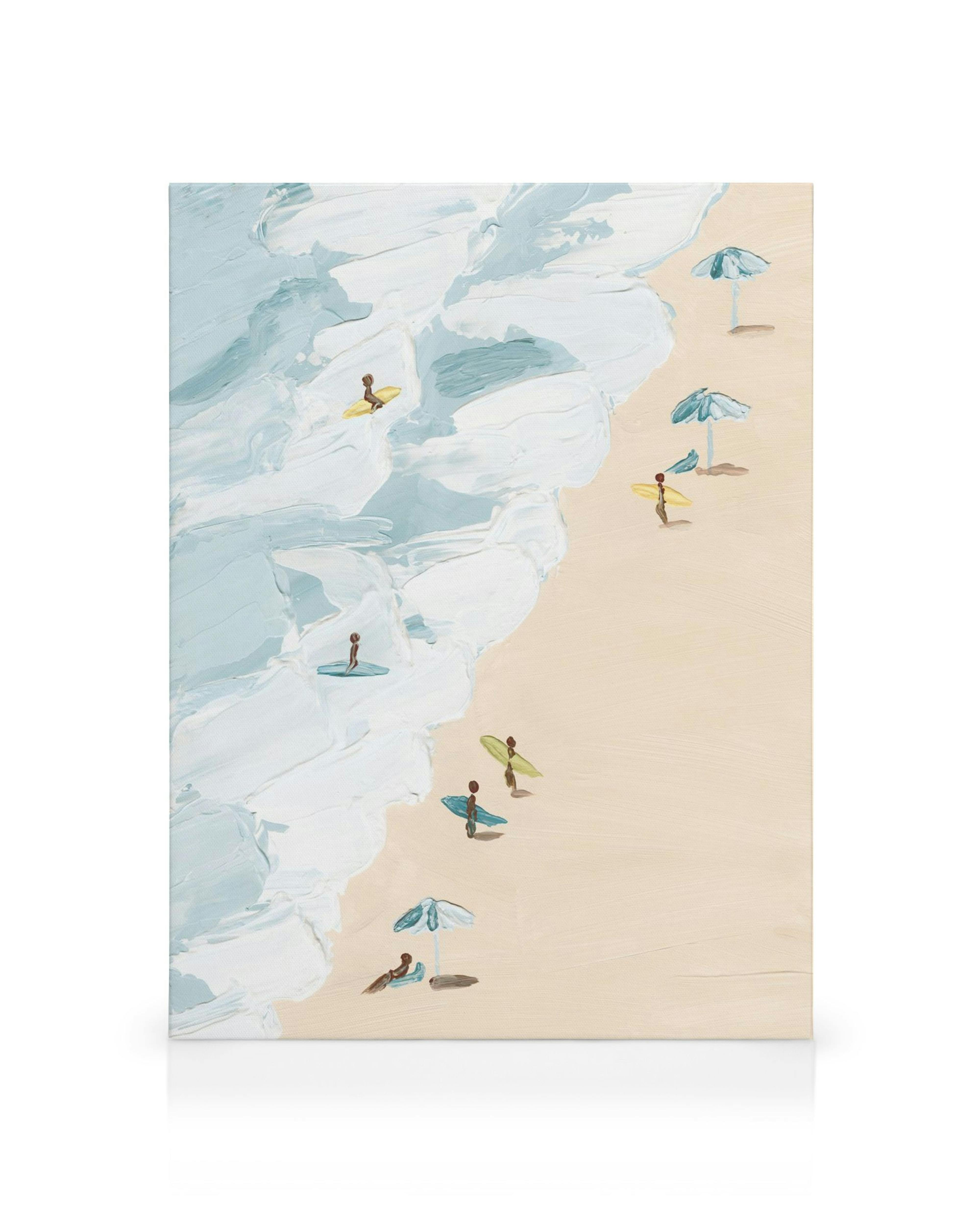 Toile de plage avec des surfeurs et des parasols, style coups de pinceau épais