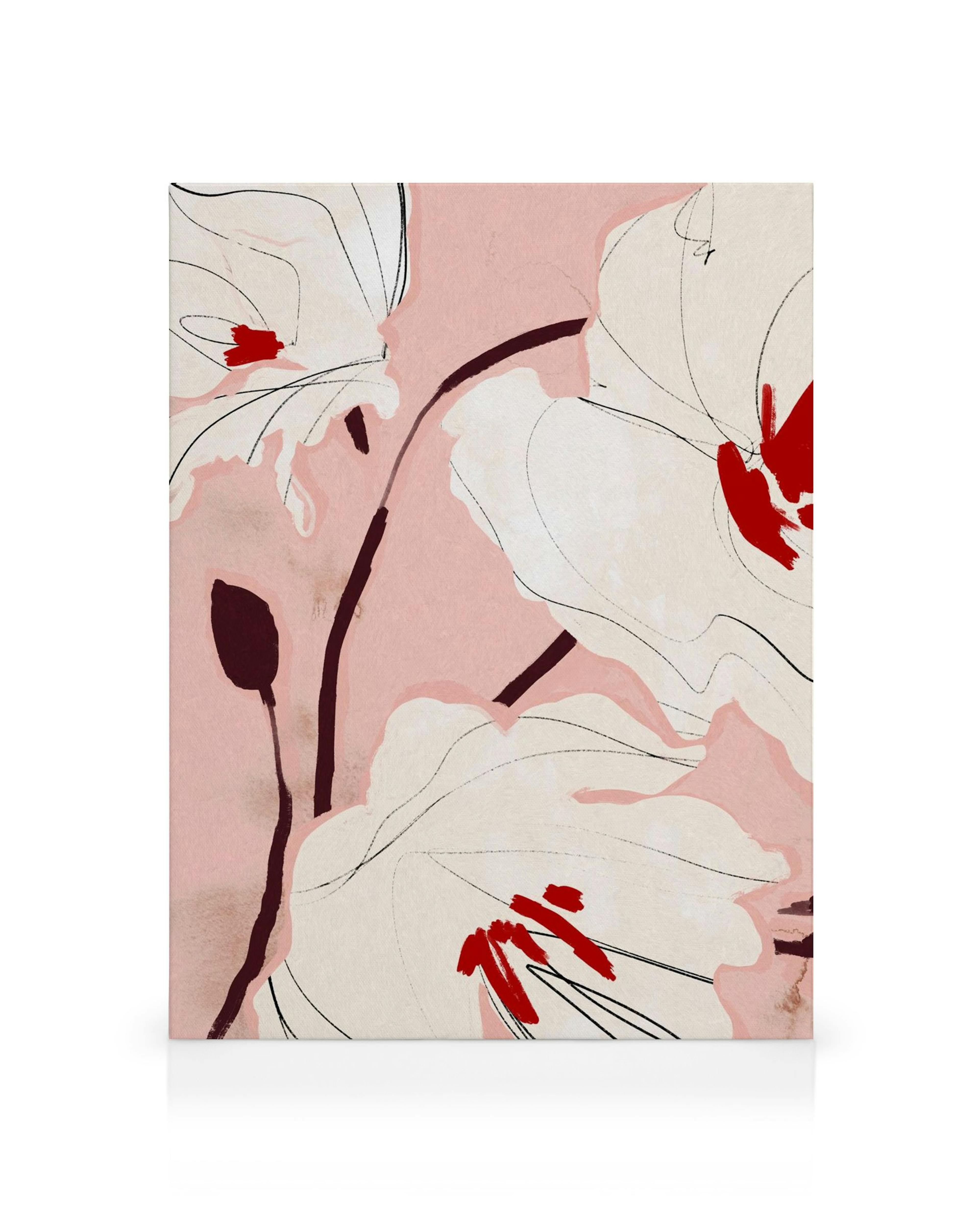 Obraz na płótnie Bold Blossom z białymi kwiatami, czerwonymi akcentami, czarnymi liniami i różowym tłem. Stylizowane, abstrakcyj