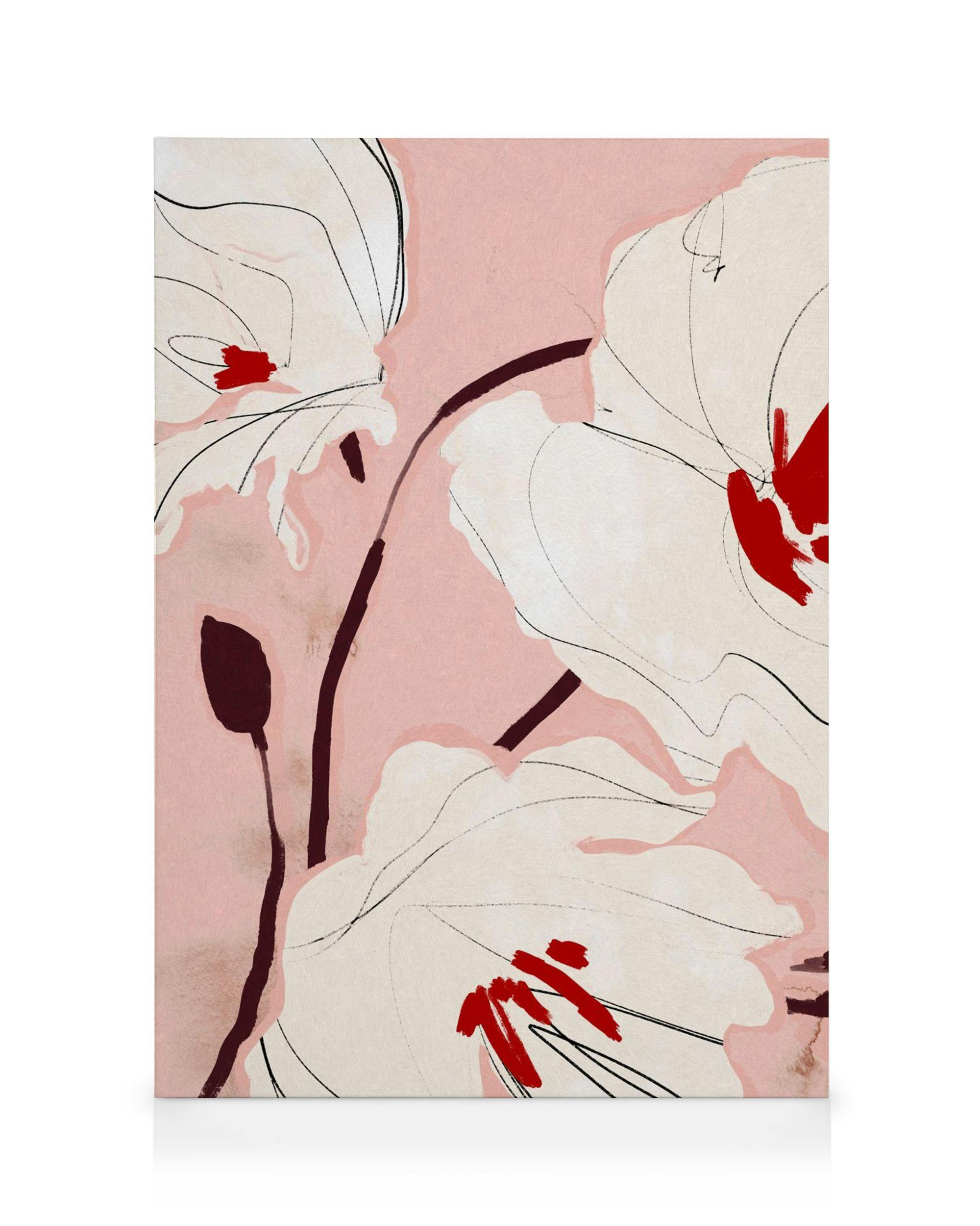 Bold Blossom Canvas: abstract white flowers with red accents on a soft pink background, vibrant floral artwork.