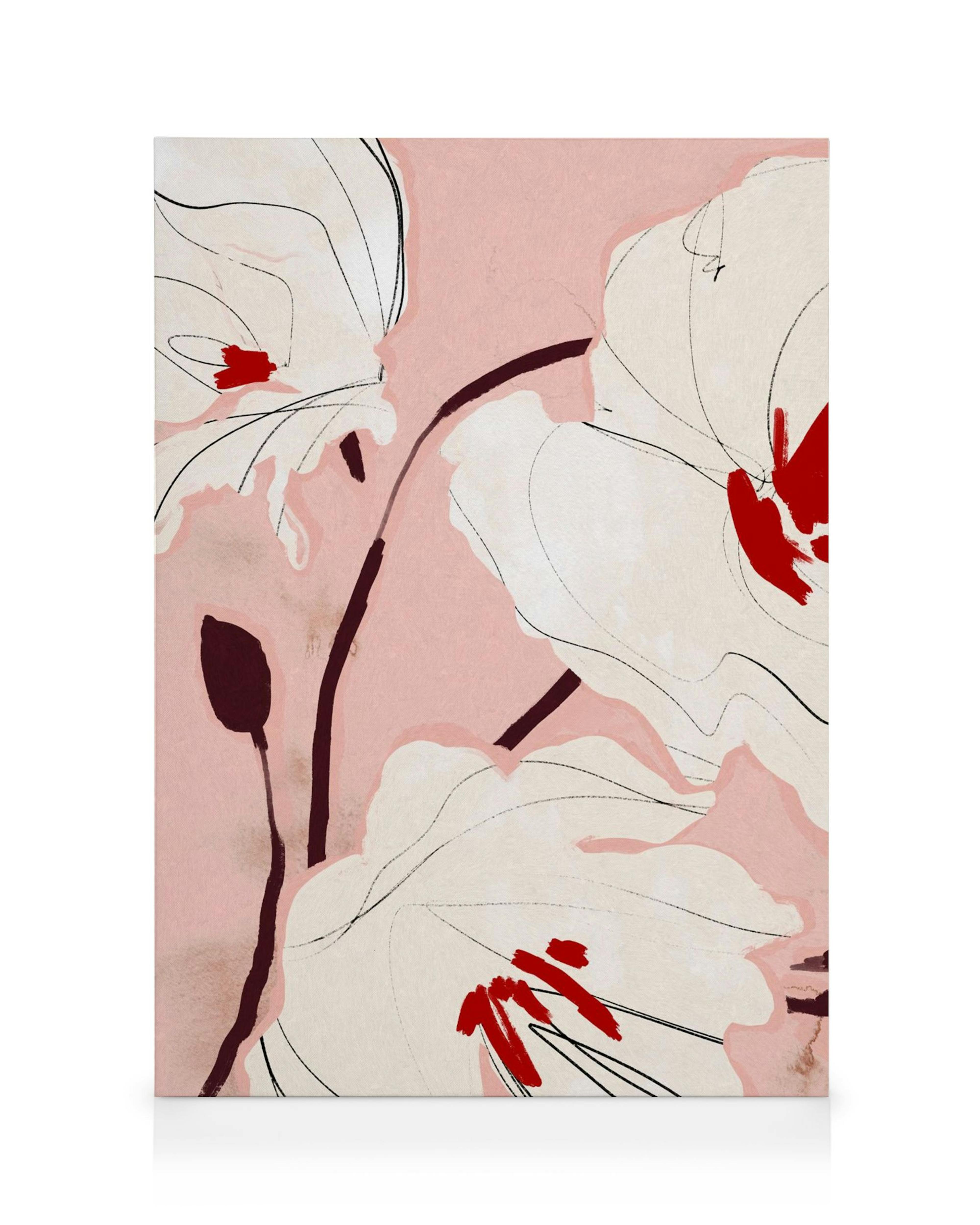 Bold Blossom Canvas: abstract white flowers with red accents on a soft pink background, vibrant floral artwork.