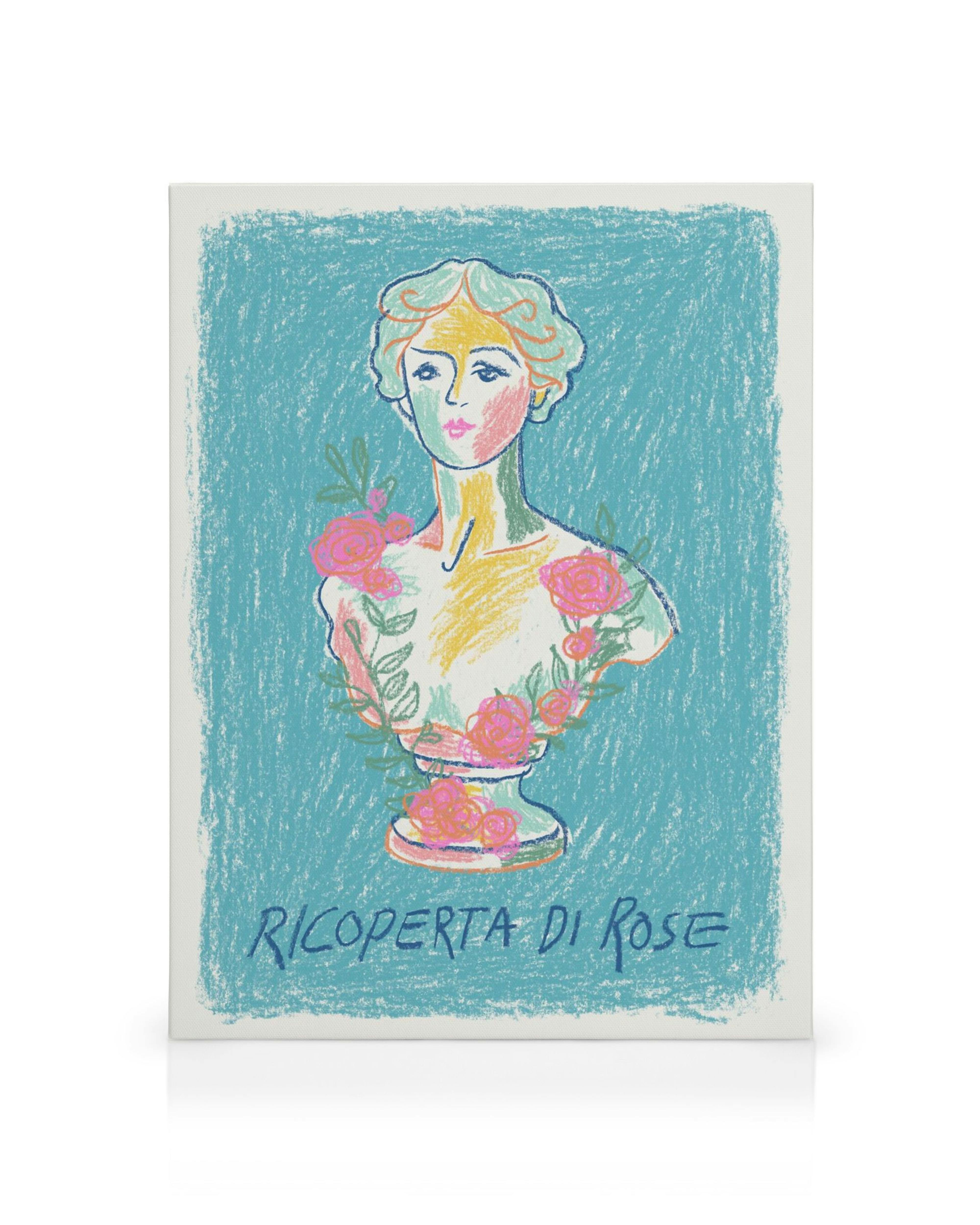 Chalk drawing of a classical female bust statue with pink roses, green leaves, and text against a blue background.
