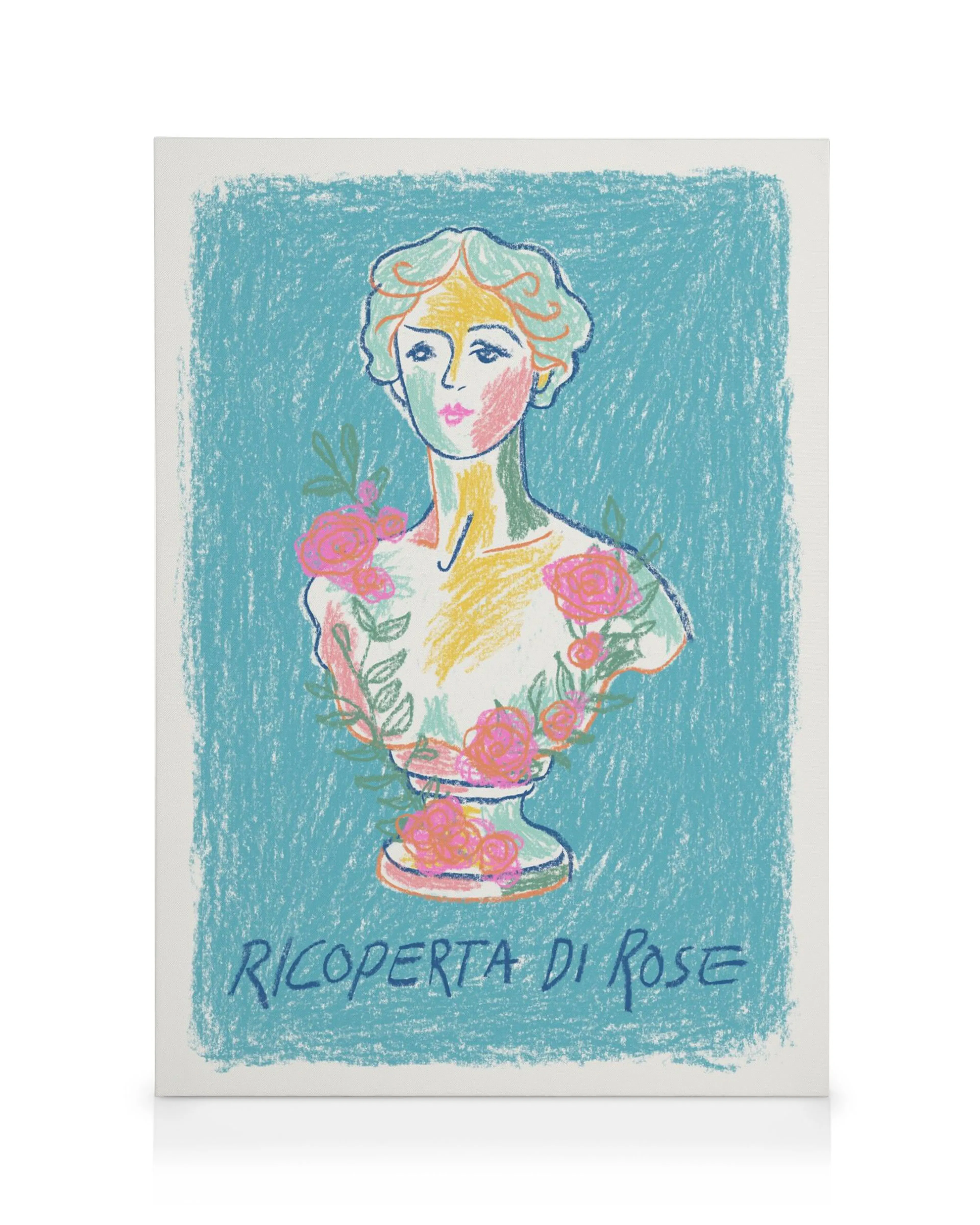 Målning av en byst med en kvinnas ansikte täckt av rosa rosor mot en blå bakgrund. Pastellfärger.