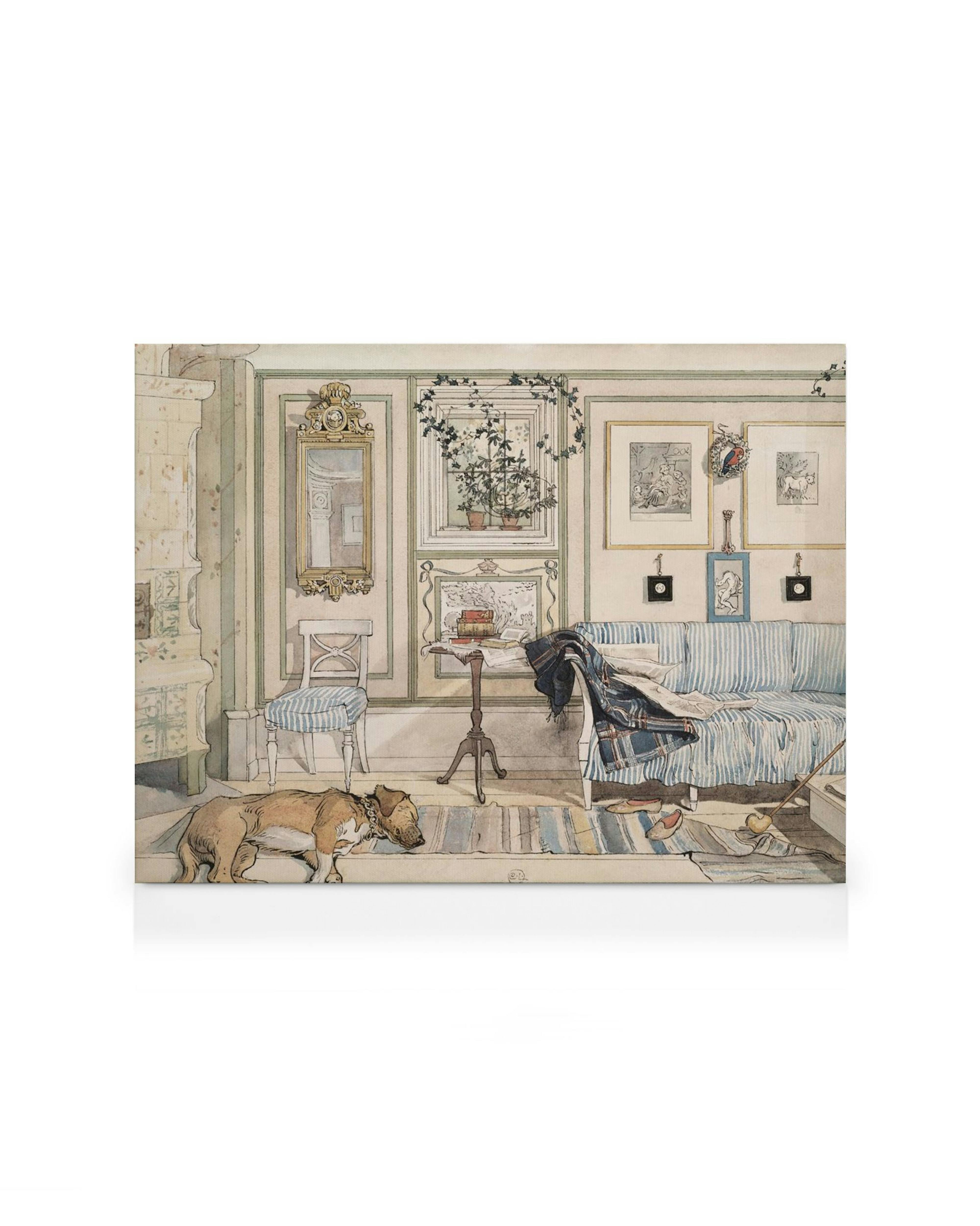 Carl Larsson canvas print of a sleeping dog in a cozy, light-filled room with blue striped furniture and framed art.