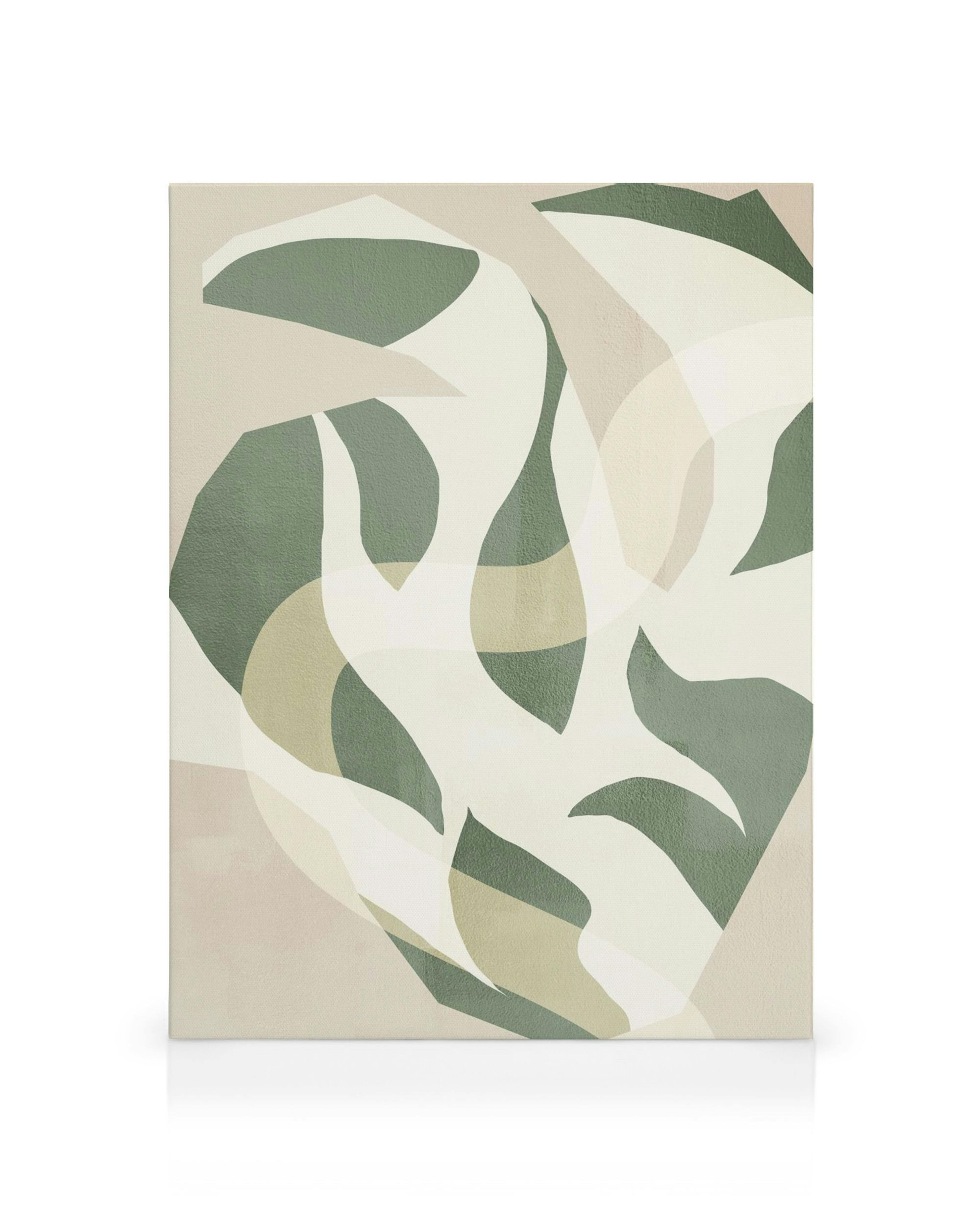 Lienzo botánico abstracto con formas orgánicas de hojas en tonos verde salvia, beige y blanco, sobre fondo texturizado.