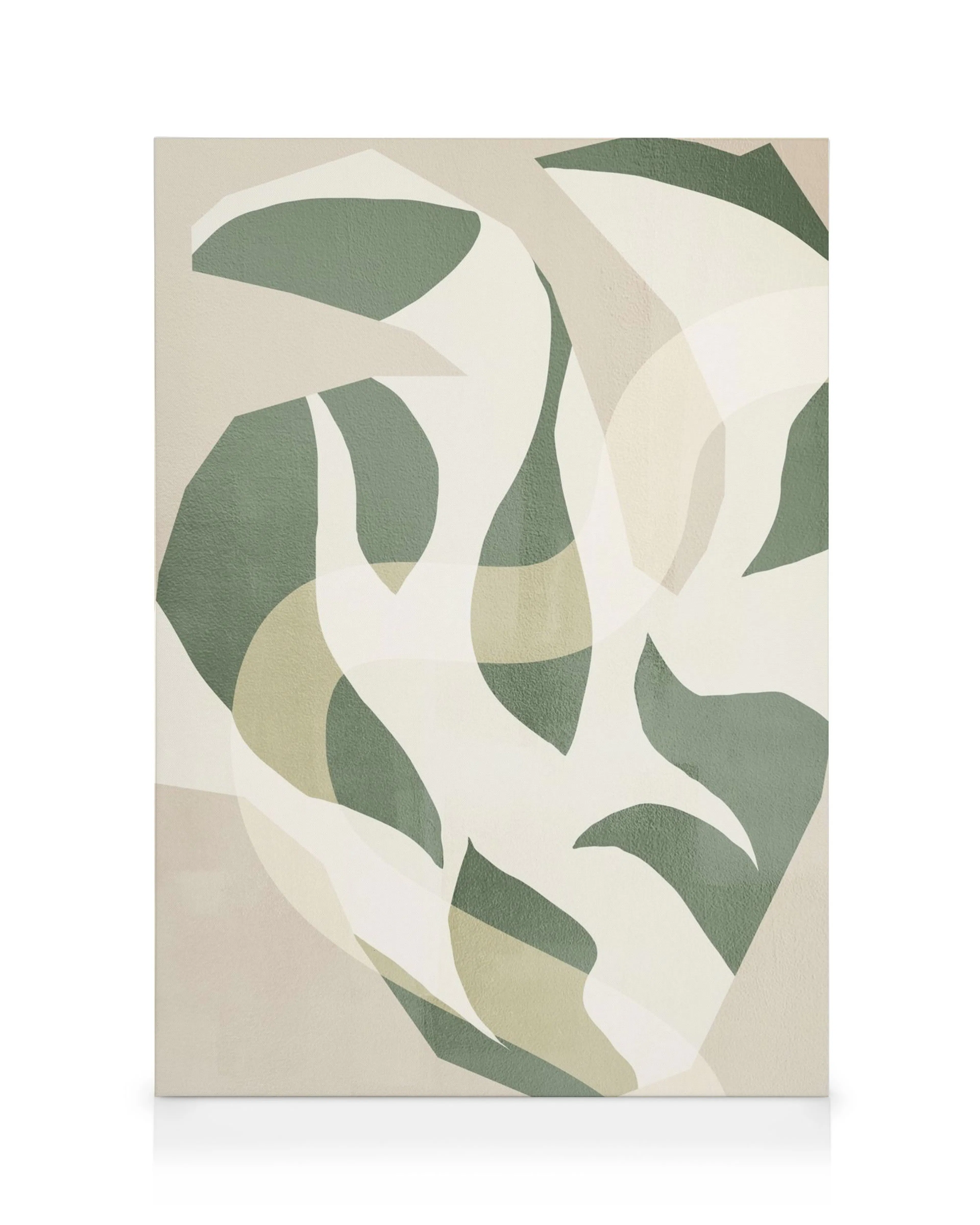 Botanisches Leinwandbild mit abstrakten Blattformen in Grün, Creme und Beige, strukturierte Oberfläche