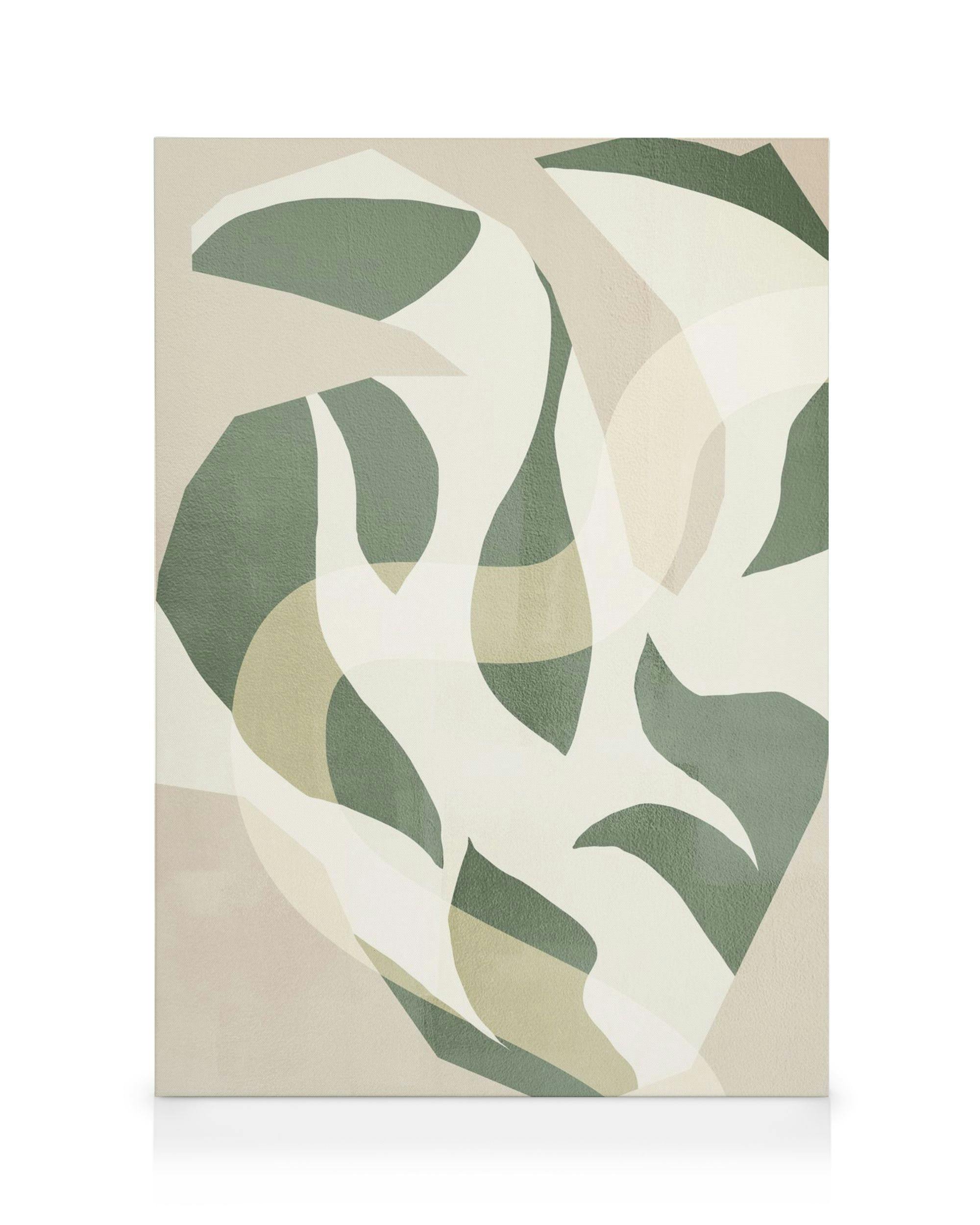 Toile abstraite de feuilles et pétales verts, beiges et blancs, sur fond texturé.