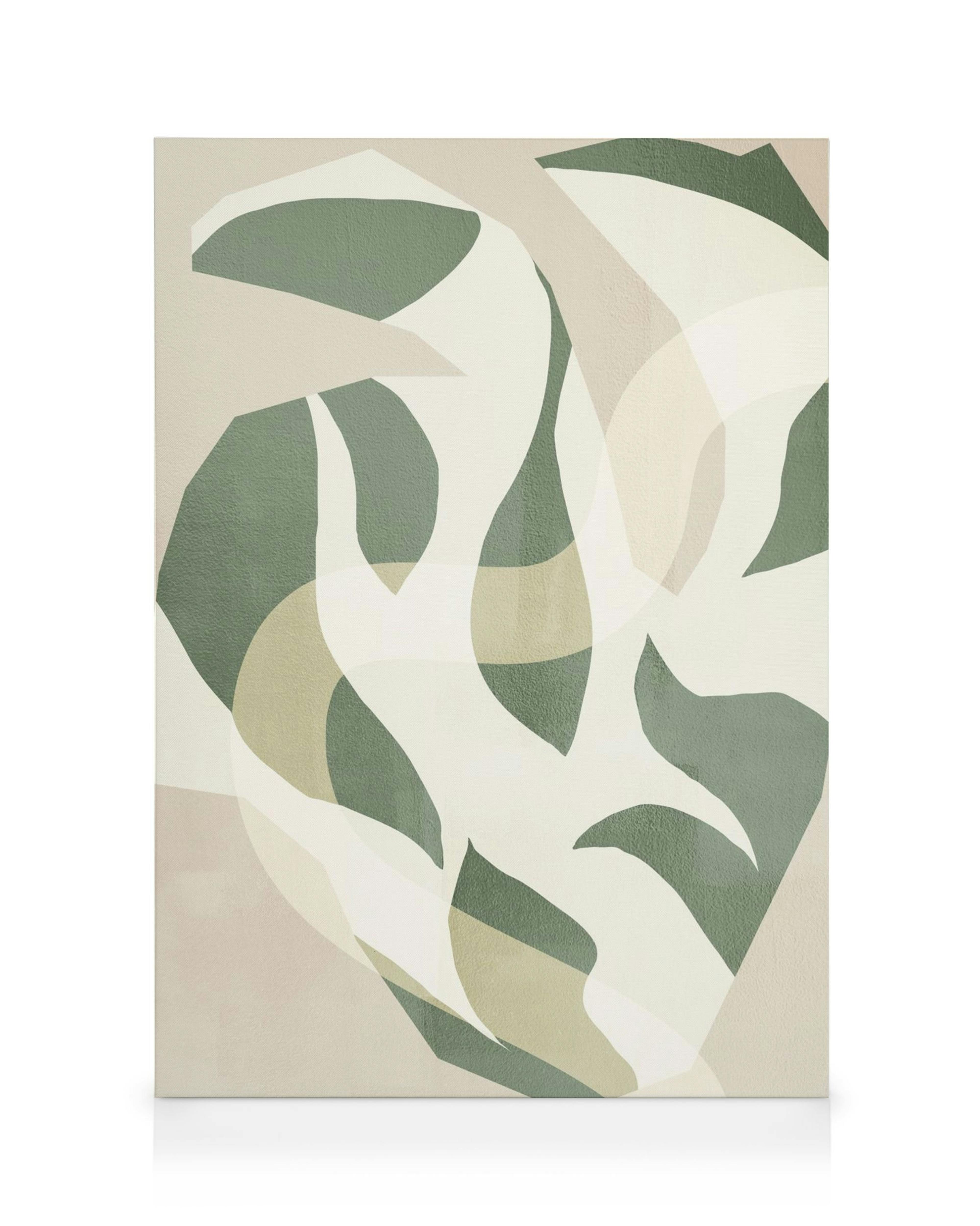 Toile abstraite de feuilles et pétales verts, beiges et blancs, sur fond texturé.